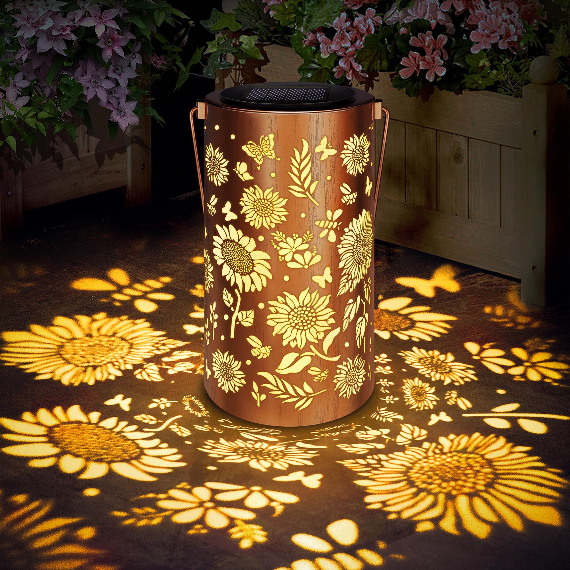 Muttertag Geschenk für Frauen Mama Oma Sonnenblume Solarlampen, Hängende Gartendeko Sonnenblumenlicht, IP65 Wasserdicht Metall Retro LED Solarlampe, Balkon Terrasse Tisch Rasen Terrasse Camping