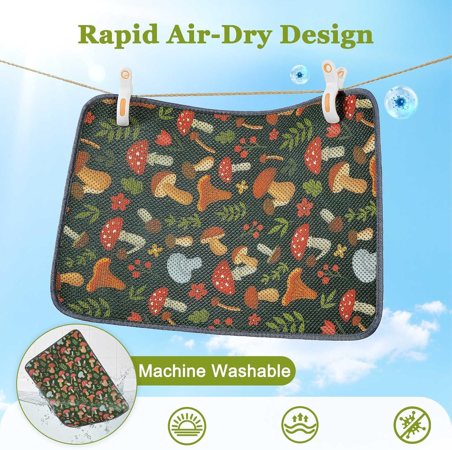 Unicorn Catcher 40X30in Cat Litter Mat Machine Washable Soft 3D Air Mesh Litter Box Rug Non-Slip Backing Quick Dry Scatter Control for Paws,Green Mushrooms