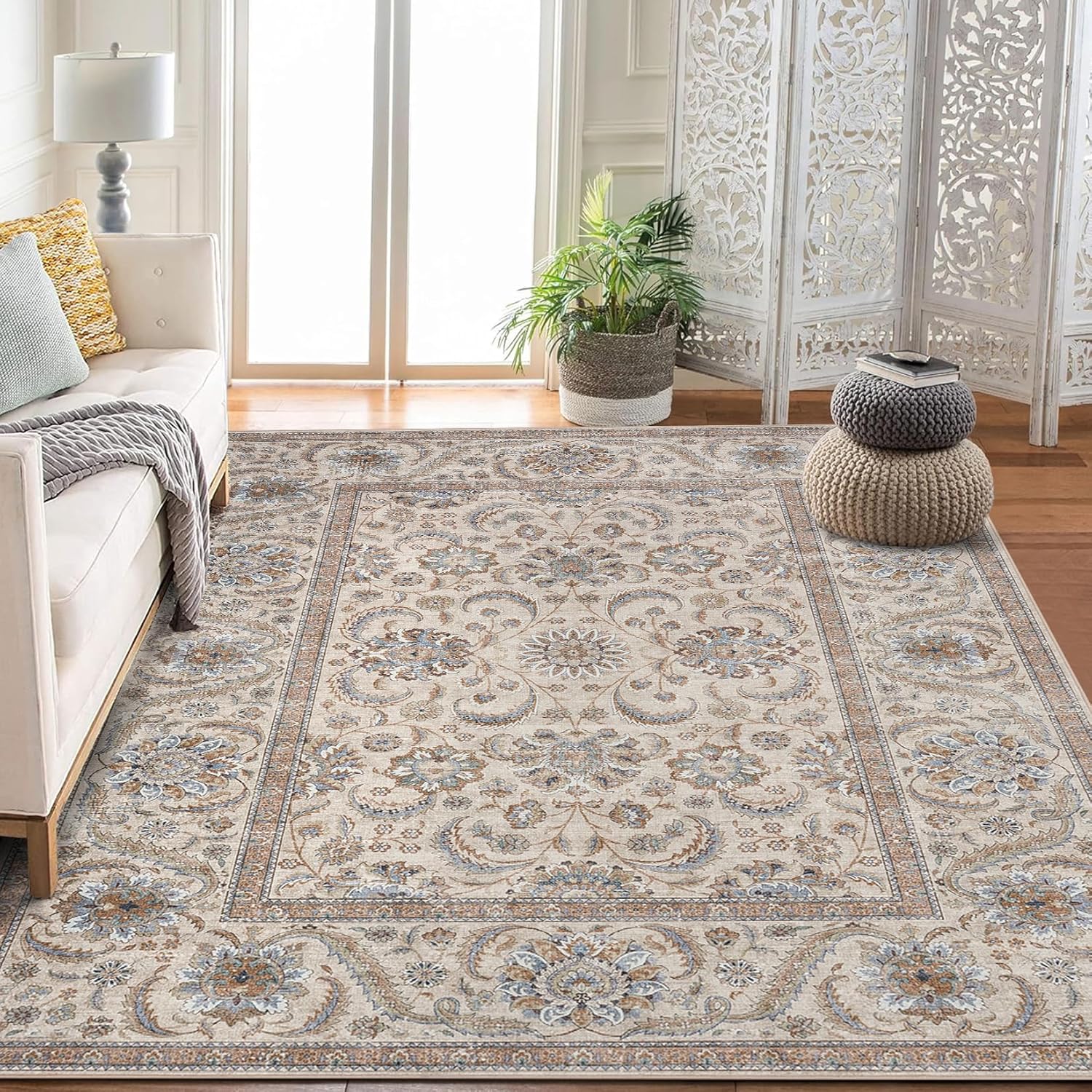GarveeHome Washable Rug 9x12 Area Rugs for Living Room, Boho Large Carpet Vintage Persian Rugs for Bedroom, Dining Room, Soft Non Slip Floor Mat for Decor Indoor Low Pile Non-Shedding, Beige - Image 2