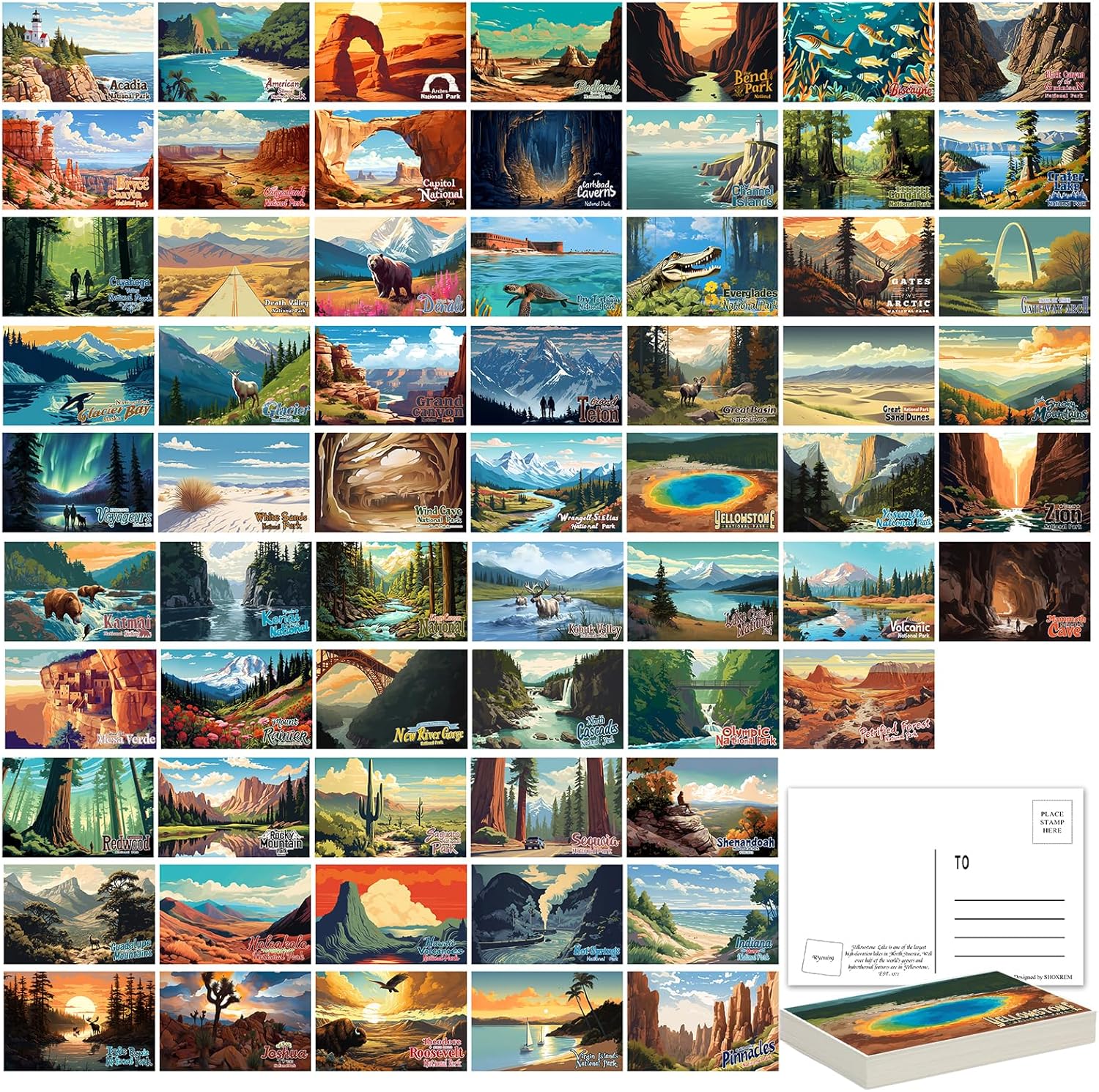 SHOXREM National Parks Theme Postcard Set: Horizontal Vintage Travel Posters Wall Decoration - 63 Abstract U.S. Parks Illustrations, 6" W x 4" H