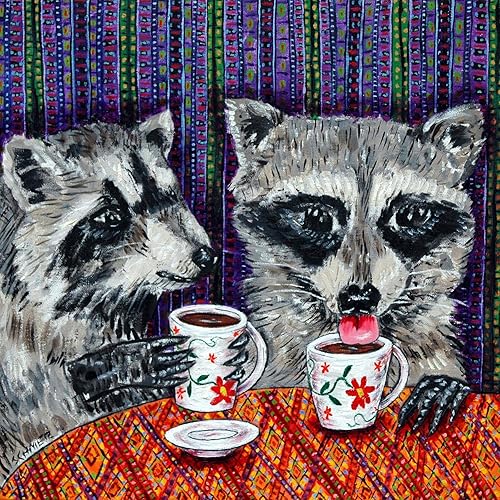 raccoon at the cafe coffee shop animal art tile coaster gift ceramic gift