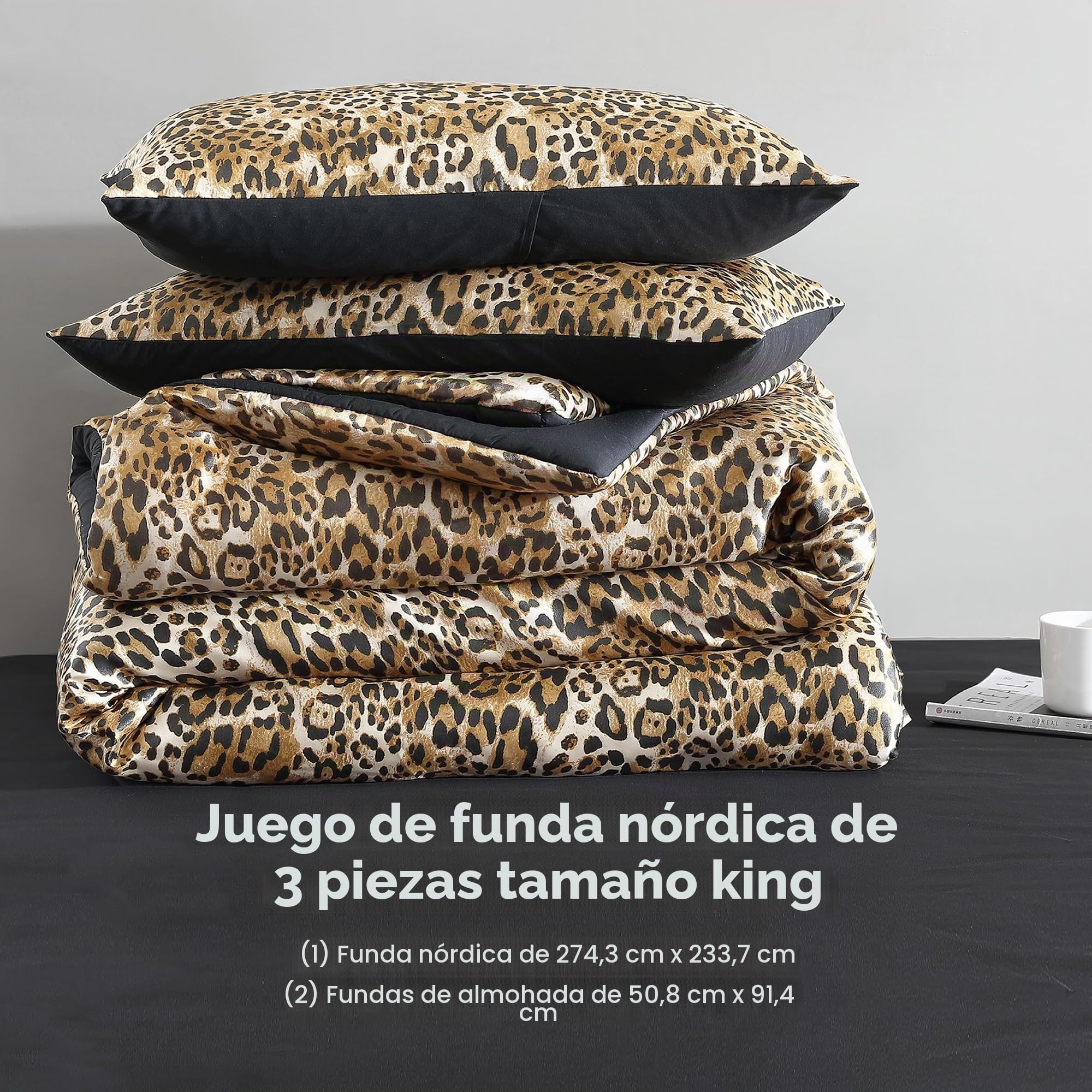 Juicy Couture Juego de Funda de edredón de satén de Leopardo tamaño King, 3 Piezas, Lavable a máquina, Reversible, Estampado de Animales, Juego de Funda de edredón y Funda de Almohada