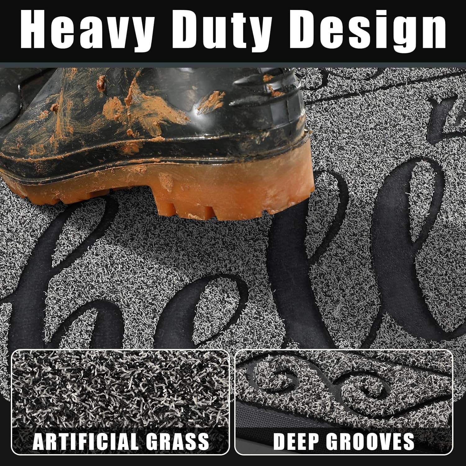 Yimobra Welcome Mats for Front Door 29.5x17, Heavy Duty Waterproof Outdoor Door Mat Outside Entrance, Non-Slip Low Profile Indoor Entryway Mat for Garage Patio, Black Gray - Image 2