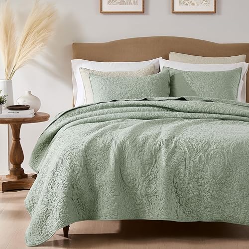 PALASSIO Sage Green Paisley 100% Cotton Quilt Queen Size Bedding