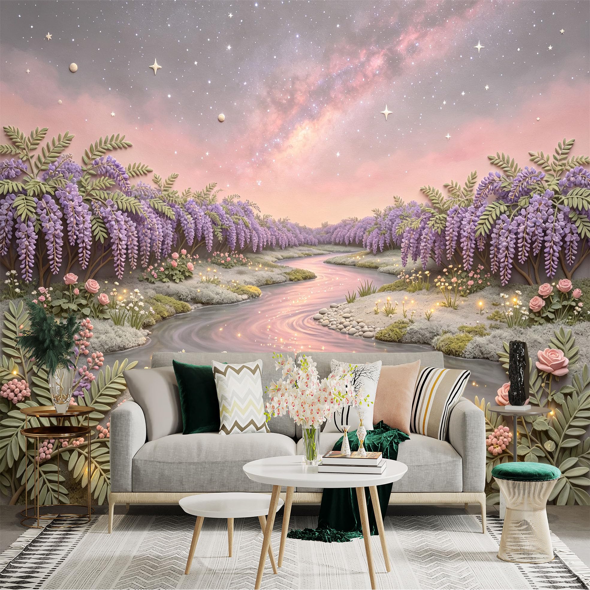 Lnzczhyre Bh260719020 Custom Size Wall Sticker Mural， Wisteria Floral River， Pink Twilight Galaxy Sky， Enchanted Garden Landscape， For Wall Decoration， Peelandstick Wall Decals.