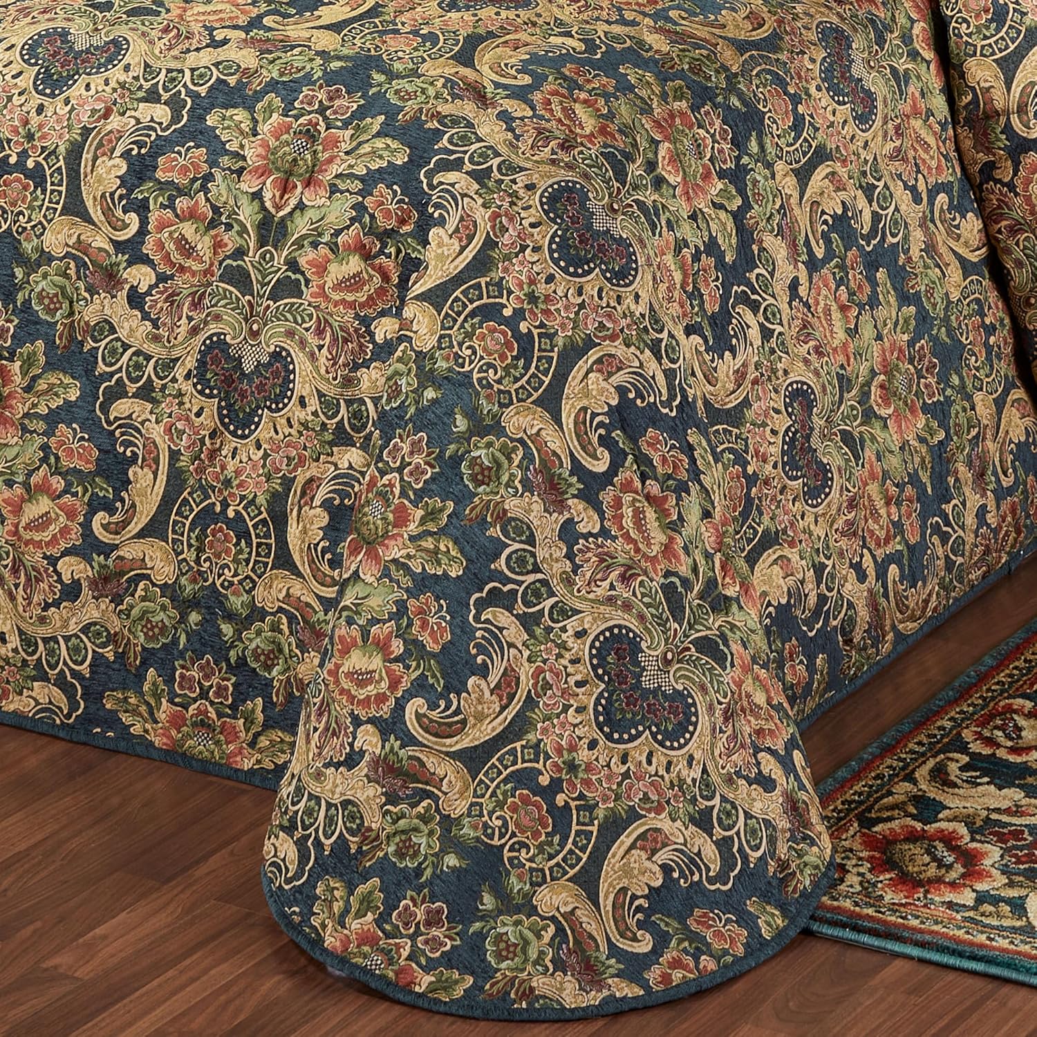 Casanova Chateau Luxury Bedding | Dark Teal Chenille | Colorful Jacobean Florals | 10 Piece Bed Set: King Bedspread, 2 King Shams, 2 European Shams, 2 European Pillow Inserts, and 3 Decorative Pillows