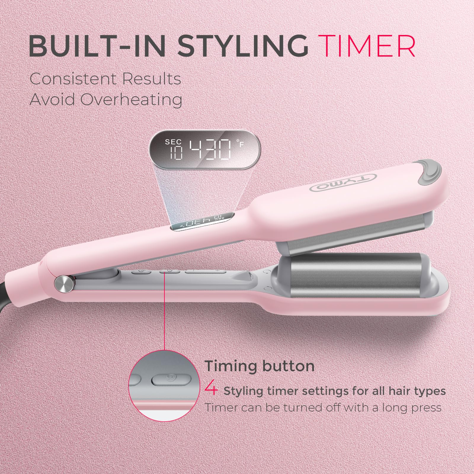 Curling Iron Hair Crimper Waver - TYMO ROVY Beach Waves Curling Wand, Ionic Deep Waver Hair Curler Tool with Ceramic 3 Barrel for Women, Dual Voltage, Anti-Scald, Easy to Use, Pink, 1 Inch - Image 6