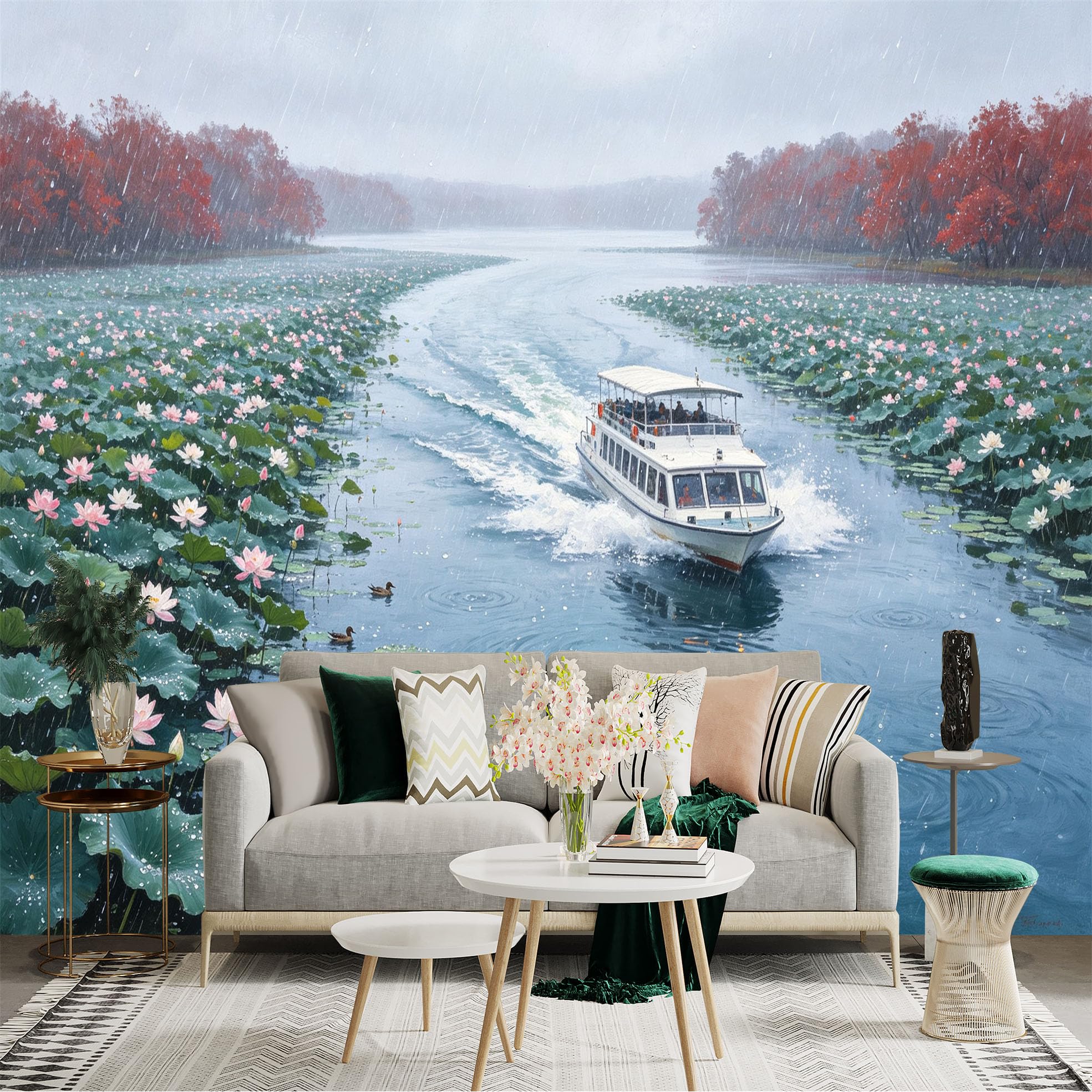 Custom Size Wall Sticker Mural， Rainy Lake with Lotus Flowers， Sightseeing Boat， Ducks in Water， Forest Scenery， for wall Decoration， peelandstick wall Decals.