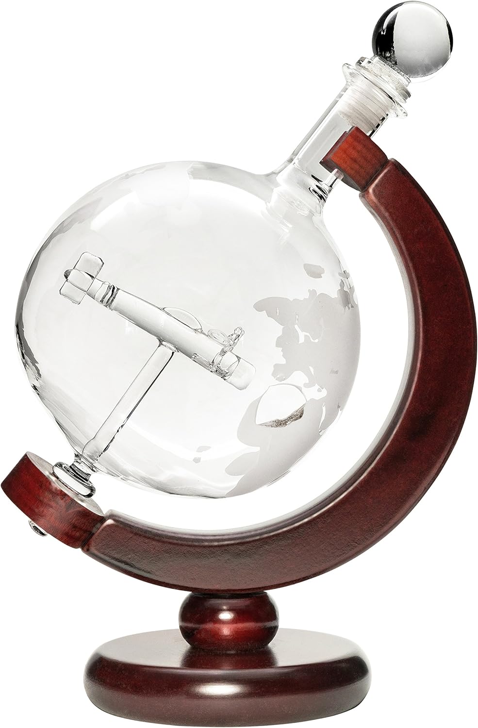 Large 50 Oz Handmade Vodka or Liquor Etched Globe Decanter Set with Wooden Stand and Bar Funnel (Wood Stand + Plane)