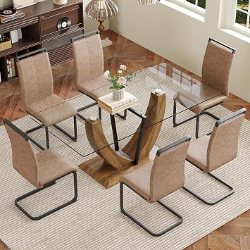 71" Glass Dining Table Set for 6, 7 Piece Dining Table Set,Tempered Glass Table Top with U-Shaped Legs and Upholstered Dining Chairs,Ideal for Kitchens, Living Rooms Brown Chair, 1 Table+6 chairs