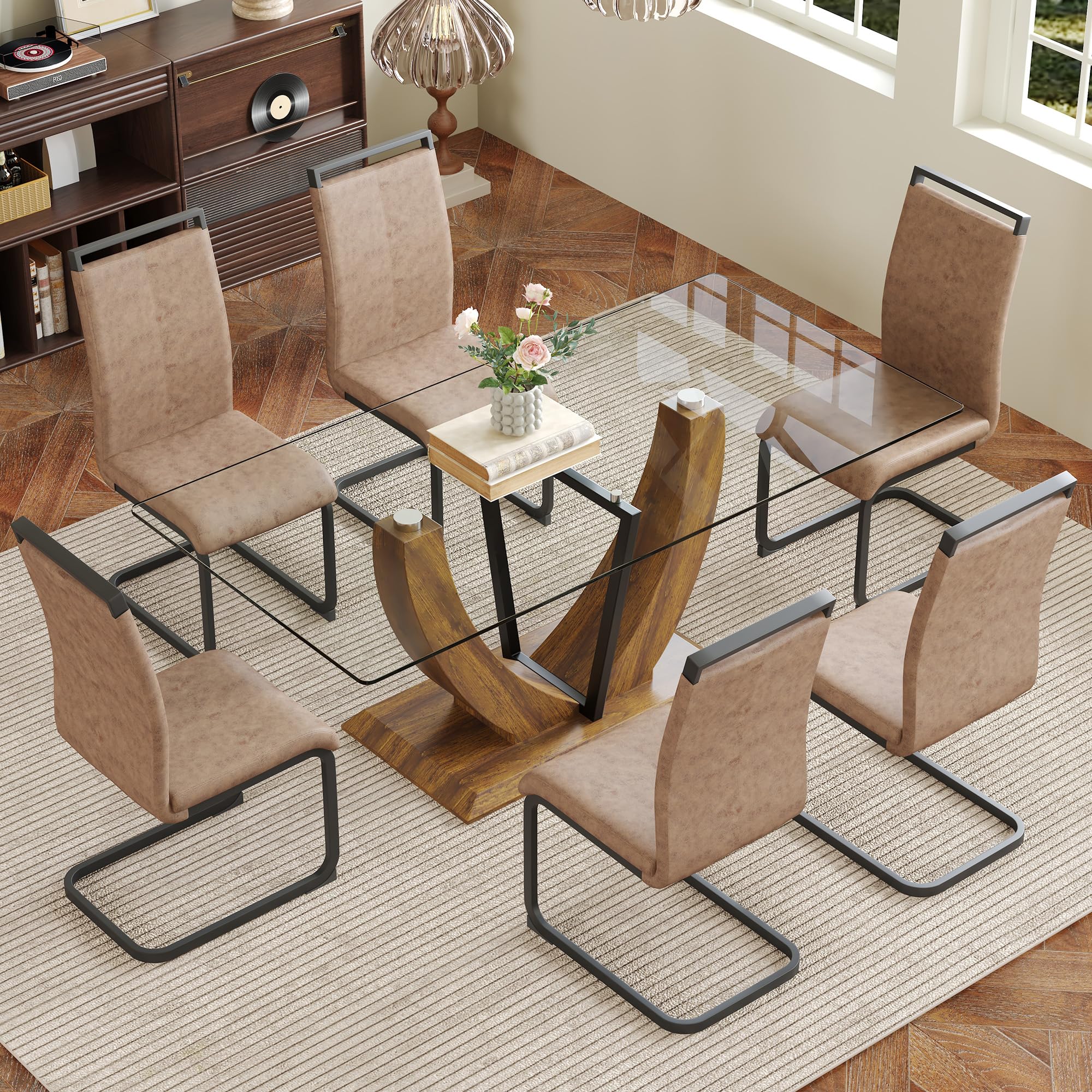71" Glass Dining Table Set for 6, 7 Piece Dining Table Set,Tempered Glass Table Top with U-Shaped Legs and Upholstered Dining Chairs,Ideal for