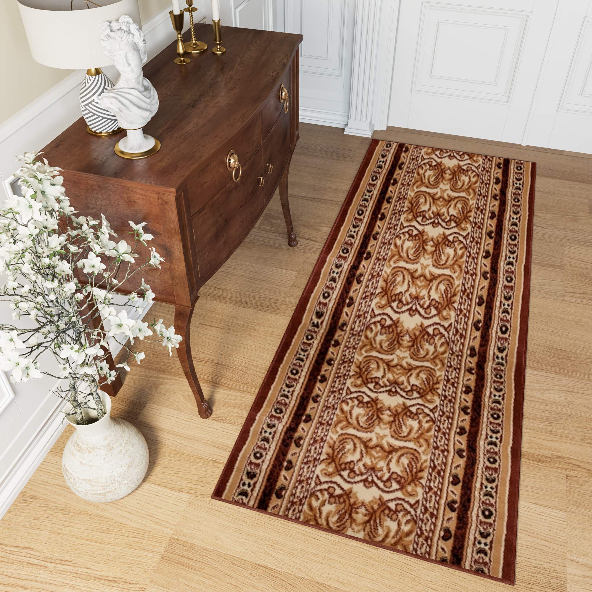 TAPISO Atlas chodnik na metry, krótkie runo, do kuchni, salonu, klasyczny, kwiatowy, paski, brązowy, beżowy, Ökotex 120 x 700 cm