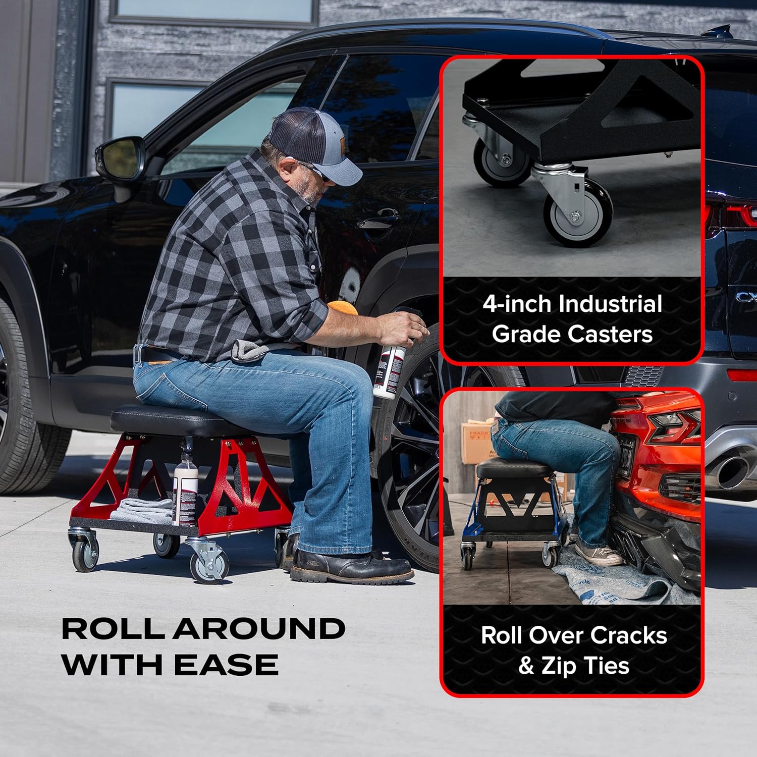 Vyper Low Pro Garage Stool with Removable Seat for Mechanics, Automotive, DIY - 400 lb Capacity Rolling Shop Chair (Black Seat, Red Frame)