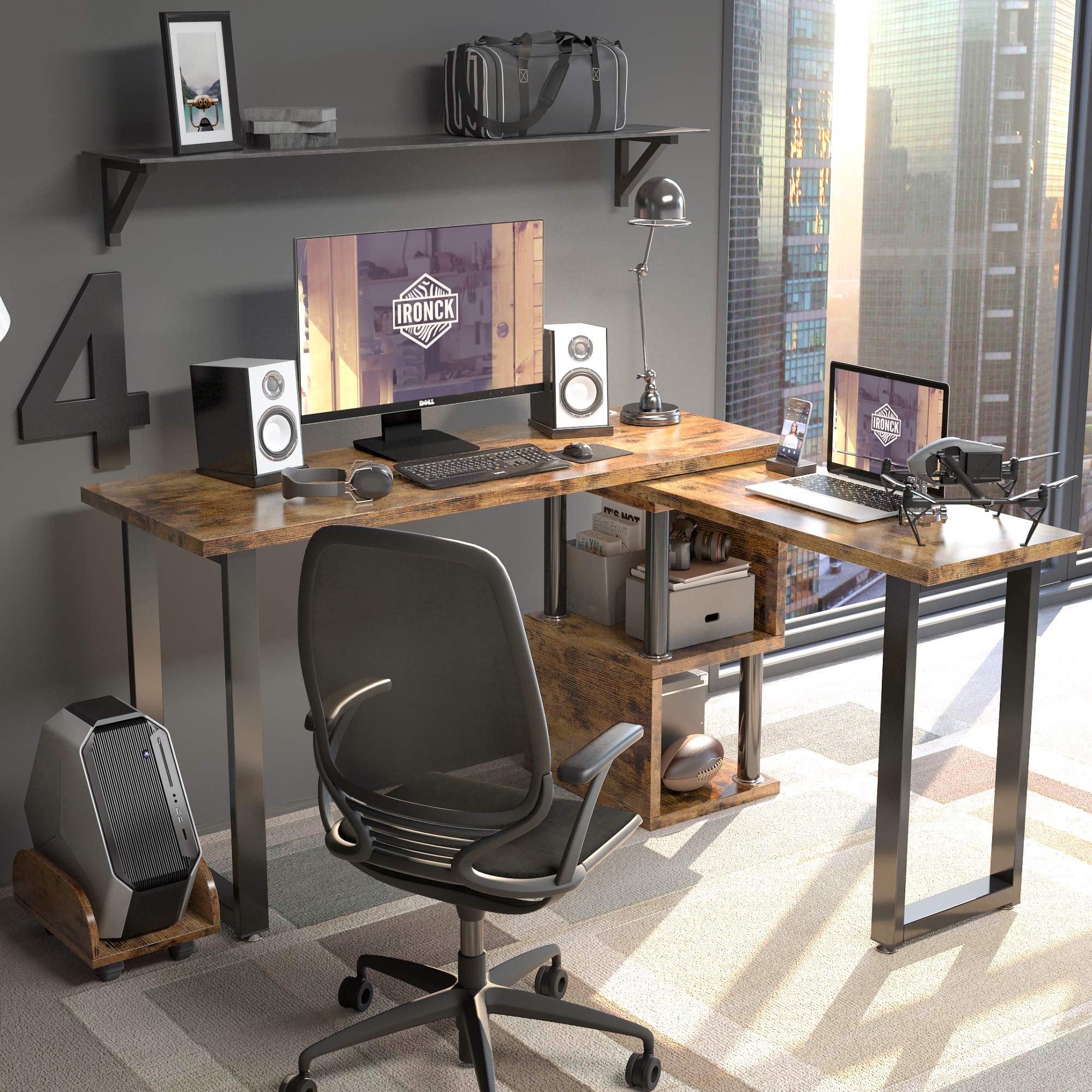 Buy IRONCK Industrial L Shaped Desk Computer, 360 Degree Free Rotated Corner Desk Computer Table