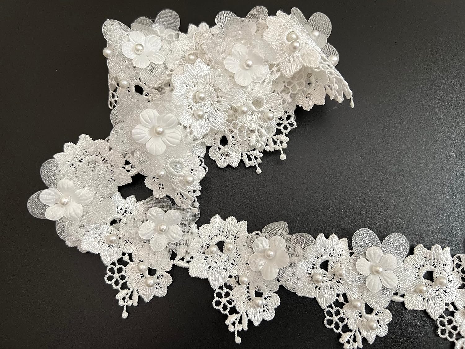 PEPPERLONELY 1 Yard White Pearl Rose Flower Embroidered Lace Trim Ribbon Wedding Applique DIY Sew On Supplies Craft Decoration 2 Inch Width, Ivory