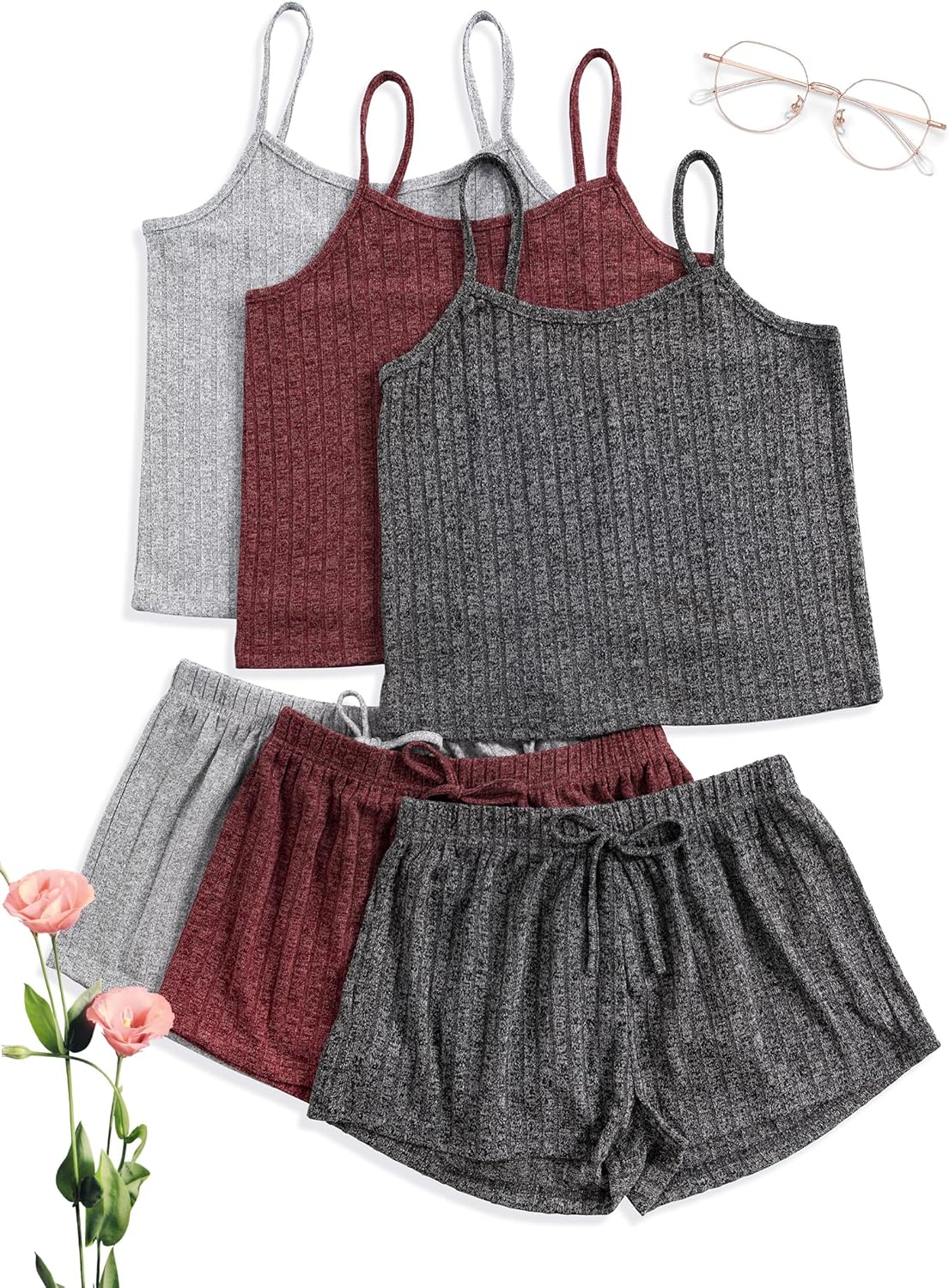 3 Sets for Women Ribbed Pajamas Set Crop Top and Shorts Button Lounge Set Sleeveless Pjs Sleepwear - Image 2