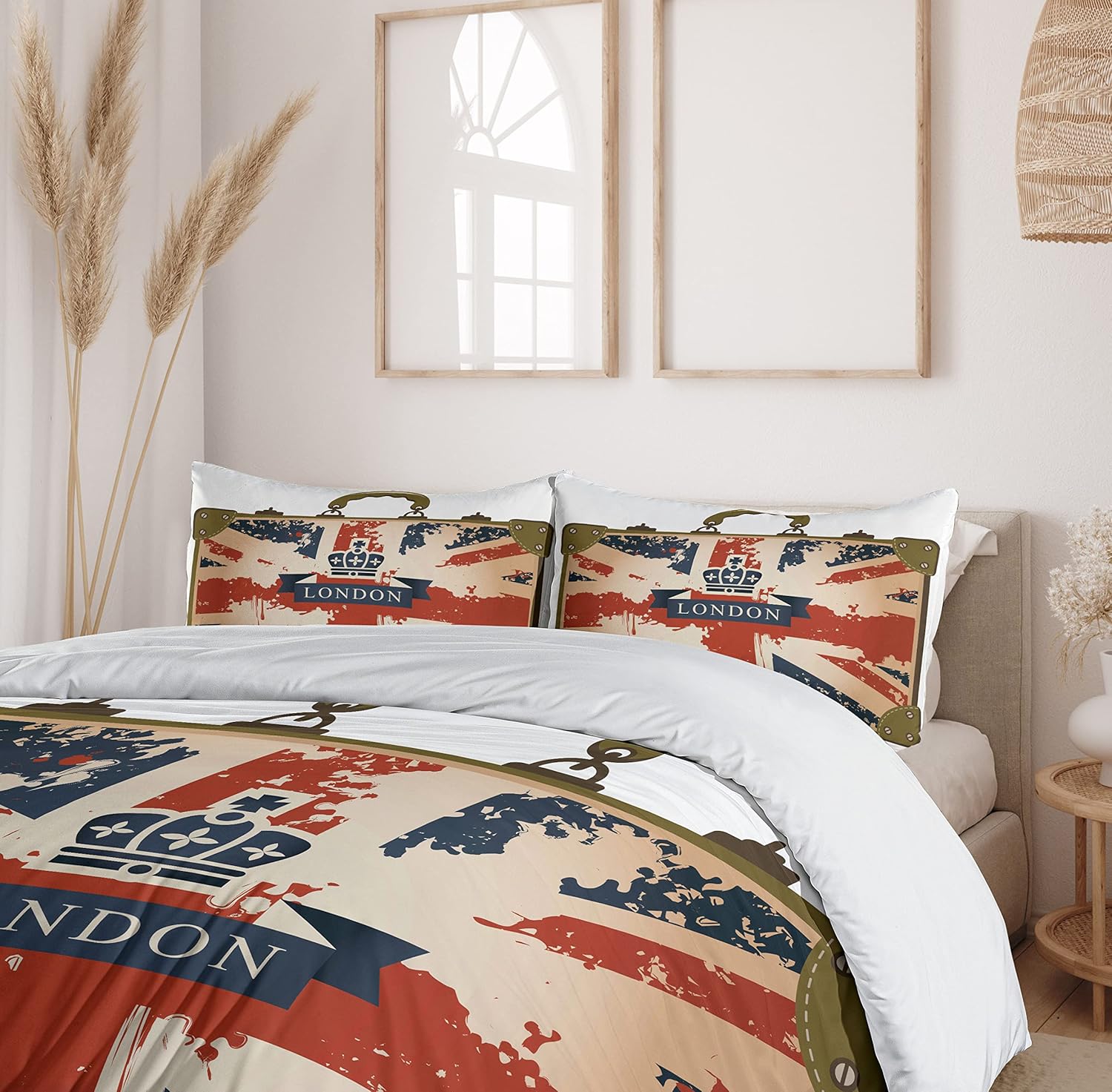 Ambesonne Union Jack Duvet Cover Set, Vintage Travel Suitcase British Flag London Ribbon and Crown Image, Decorative 2 Piece Bedding Set with 1 Pillow Sham, Twin Size, Dark Blue Red Brown Twin Dark Blue Red Brown