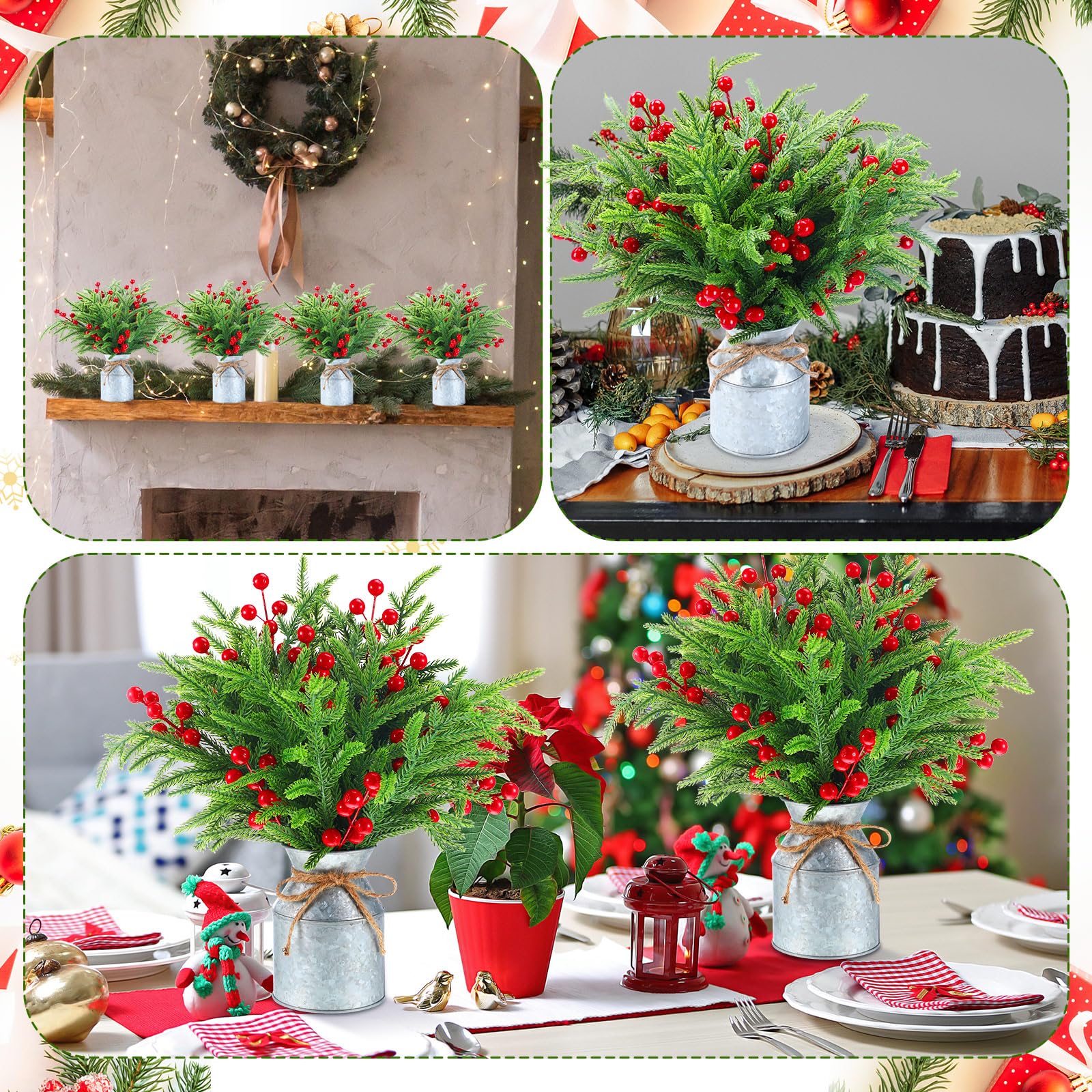Tioncy Künstliche Weihnachtstischdekoration mit 6 Vasen, 120 künstlichen Norfolk-Kieferzweigen, künstlicher Zedernstiel und 60 Beerenstielen für den Innenbereich, Zuhause, Büro, Tisch, 6 Sets