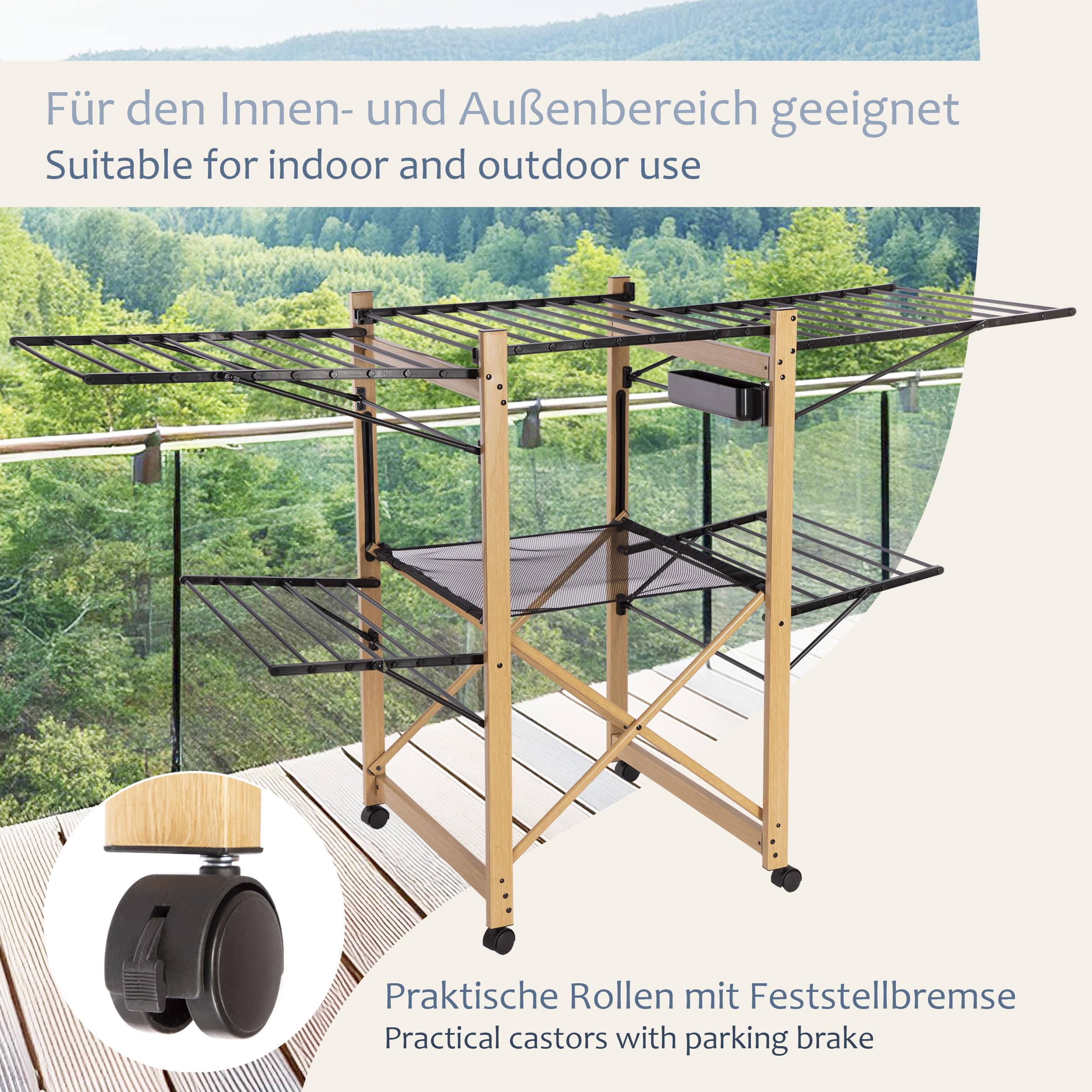ONVAYA® Faltwäscheständer ǀ Wäscheständer ǀ ausziehbar für Außen- und Innenbereich ǀ inkl. Klammerbox und Netz ǀ platzsparend ǀ Wäscheturm ǀ Holzoptik ǀ Flügelwäschetrockner mit Rollen