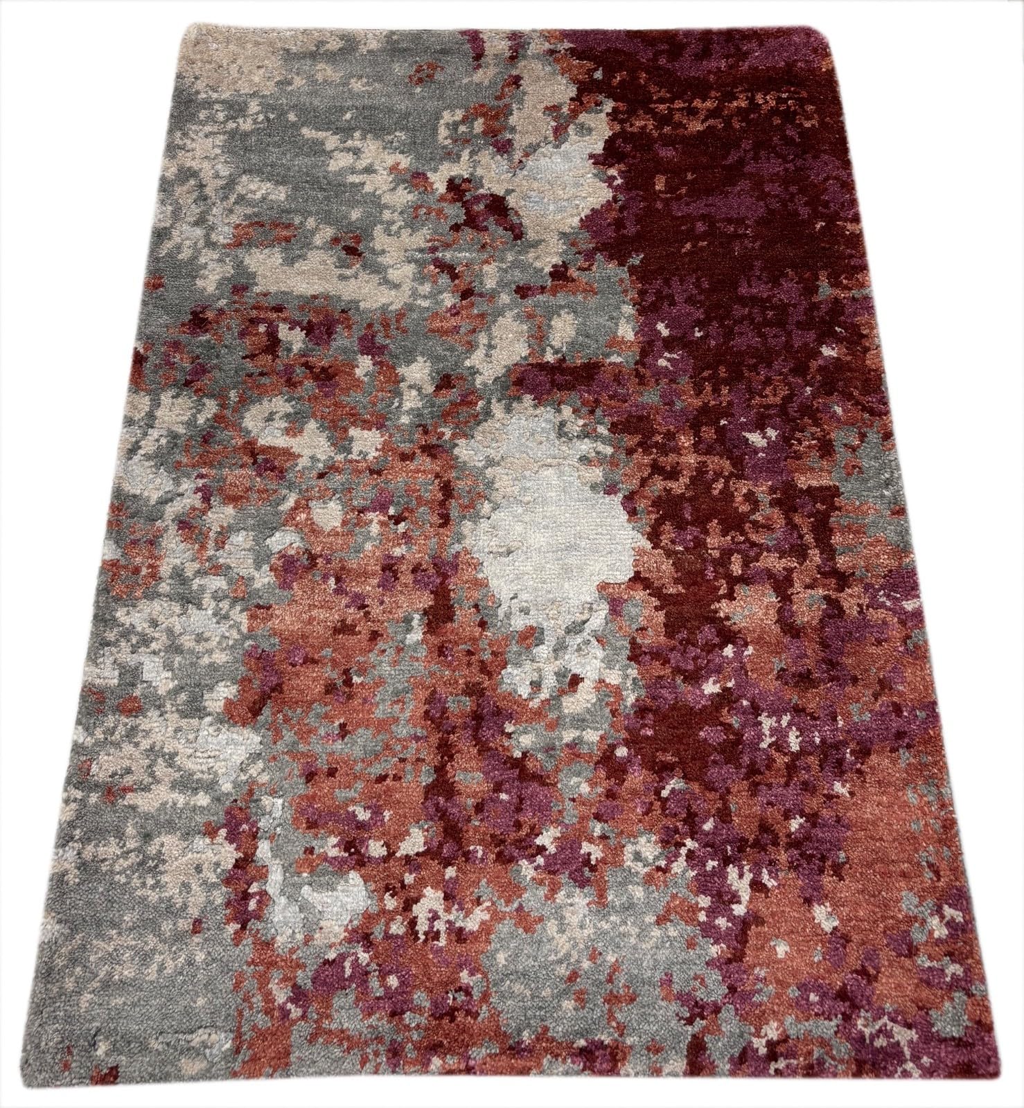 Tapis design fait à la main, 60 x 90 cm, gris, rouge, multicolore, soie de bambou, R117