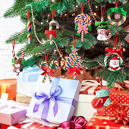 Miniatura 7 de 10 piezas de adornos de piruleta navideña, adornos de caramelo de arcilla polimérica navideña, adorno colgante de caramelo navideño colorido para