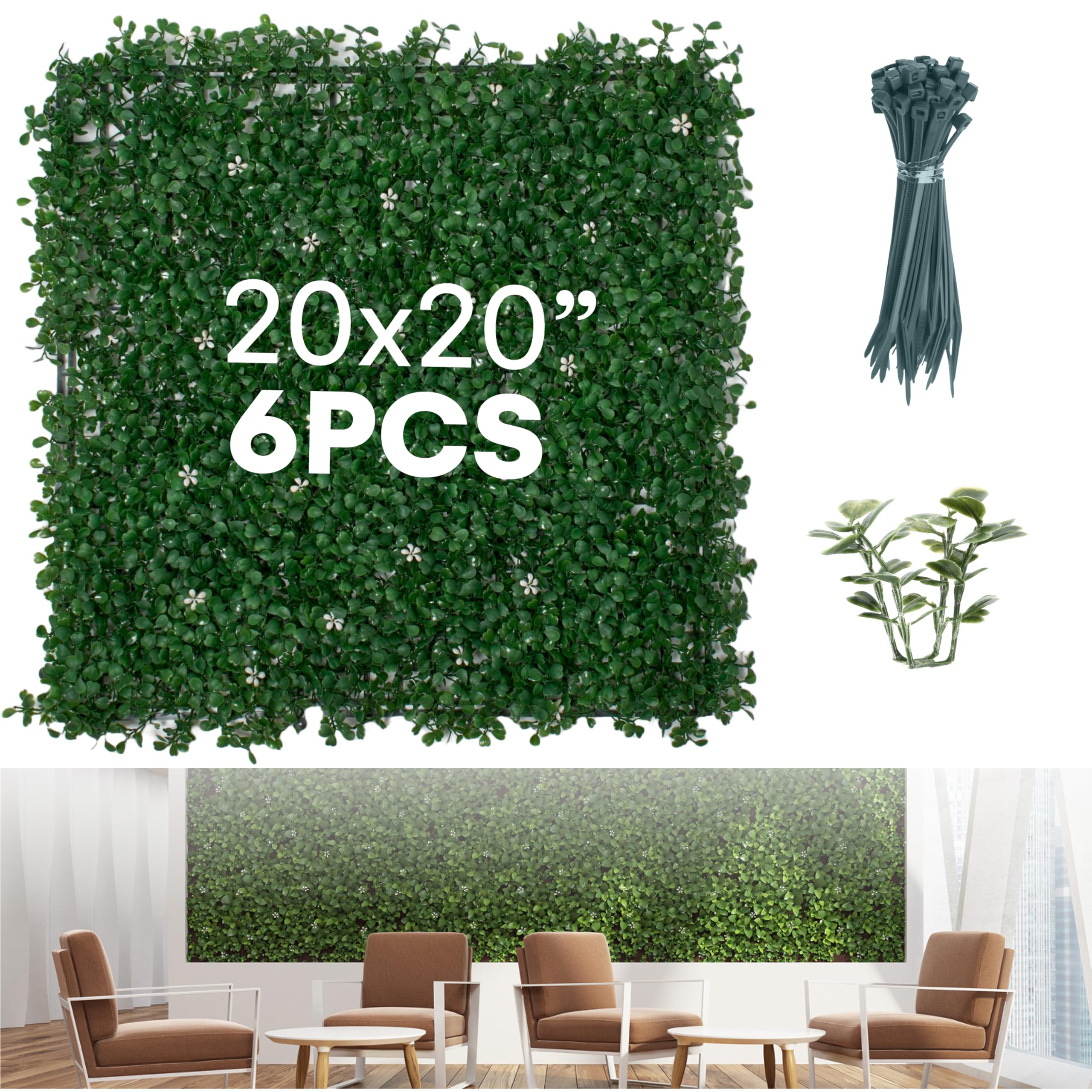 flybold artificial boxwood hedge panels - grass wall backdrop decor indoor and outdoors - greenery wall, faux,fake grass wall - decorative hedge, garden fence panels - 20x20 inch - pack of 6