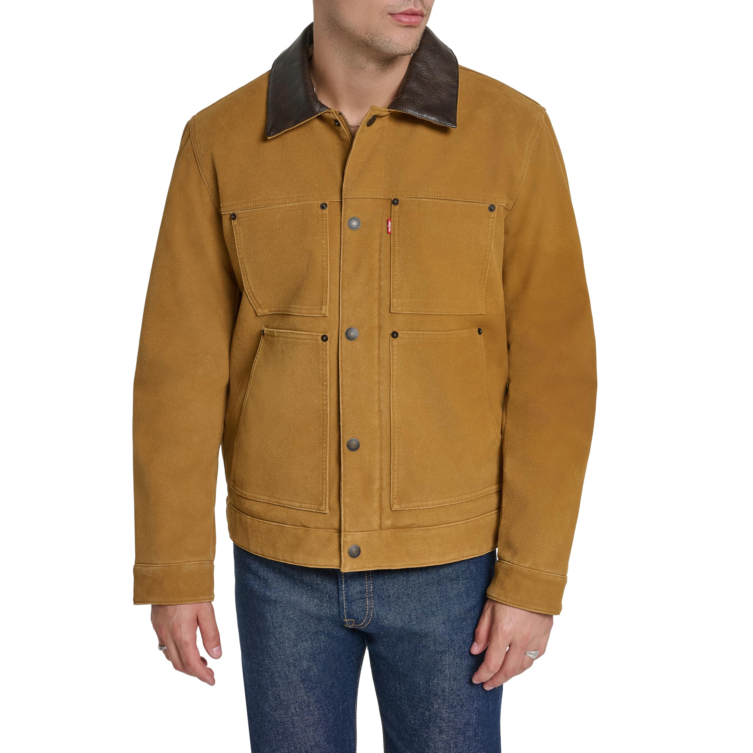Men's Faux Suede Utility Work Jacket With Contrast Collar