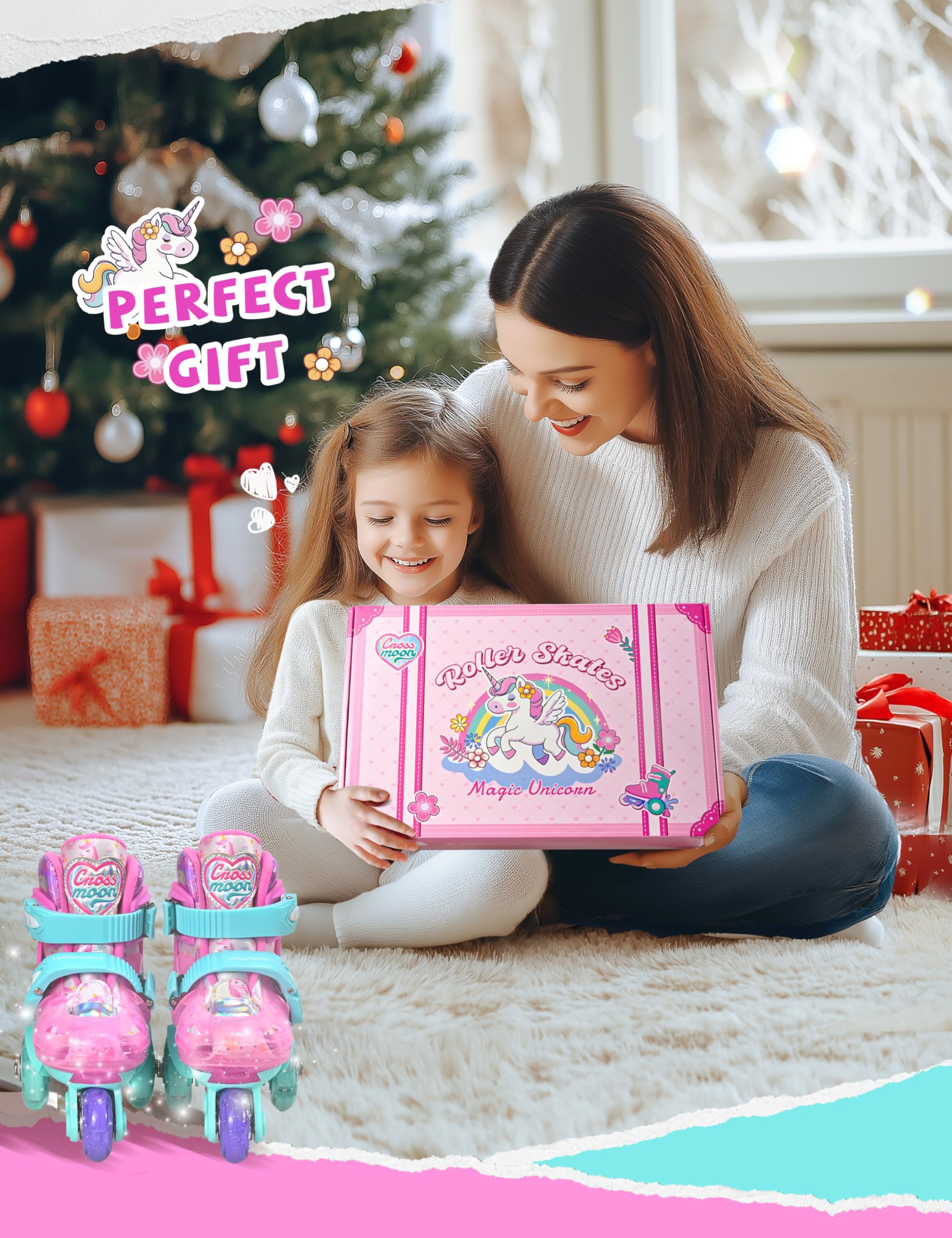 Unicorn Toddler Roller Skates, Kids Training Safety Tripple Protection Roller Skates with 4 Adjustable Sizes, Fun Light-Up Wheels, Little Girls' Fancy Gift