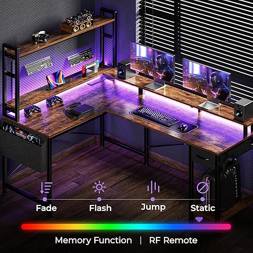 Miniatura 4 de Huuger L Shaped Desk Computer Desk with LED Lights & Power Outlets, Gaming Desk with Storage Shelves, Corner Desk Home Office Desks for Bedroom,