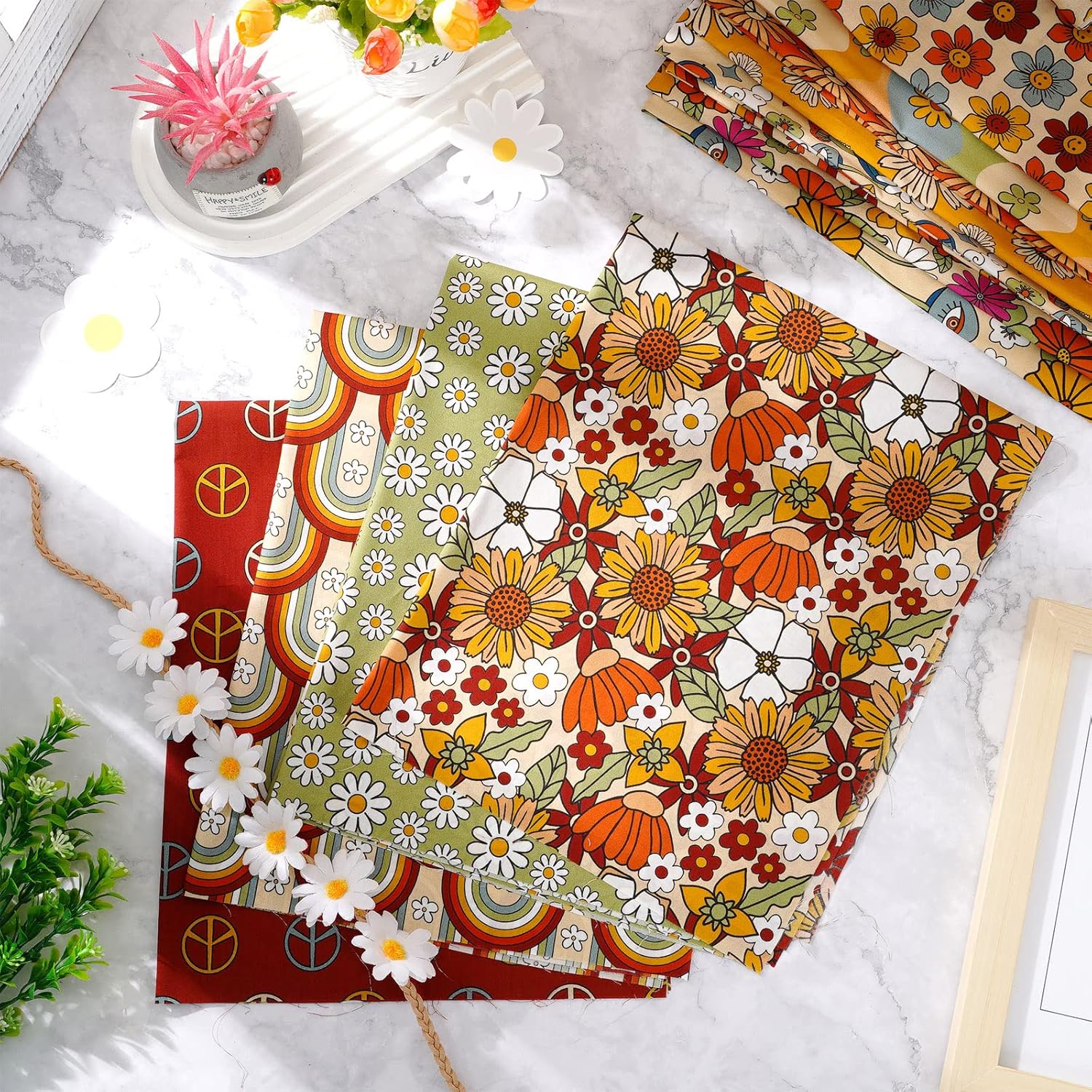 Whaline 12Pcs Boho Retro Floral Cotton Fabric Bundles 18 x 22 Inch Hippie Groovy Boho Fat Quarter Quilting Patchwork Square Sewing Fabric for Fall Autumn DIY Handmade Craft Home Party Decor