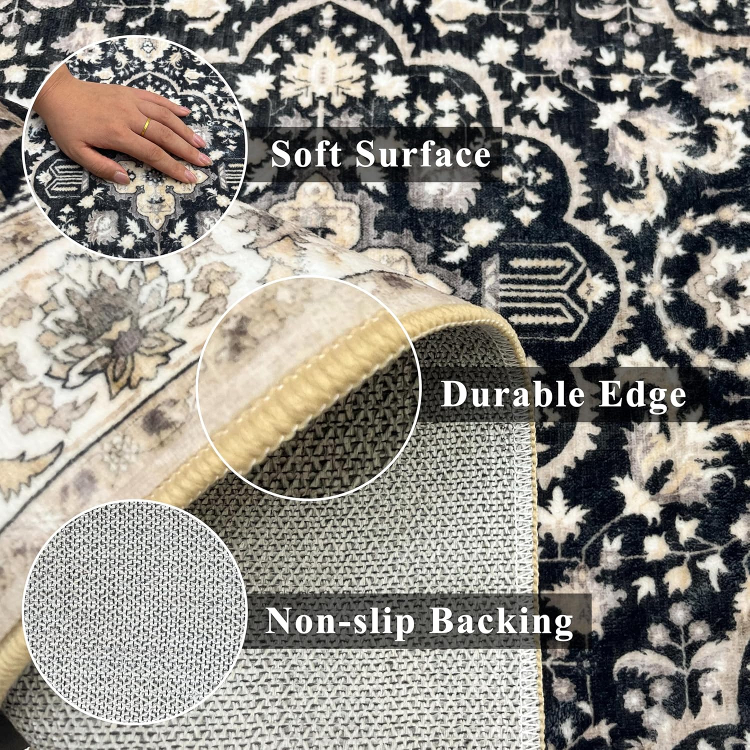 Entryway Runner Rugs Kitchen Mat 3x6 Black Beige - Non-Slip Washable Soft Stain and Spill Resistant Distressed Vintage Rug Low-Pile Thin Carpet for Hallway Bedroom Bathroom Laundry Room