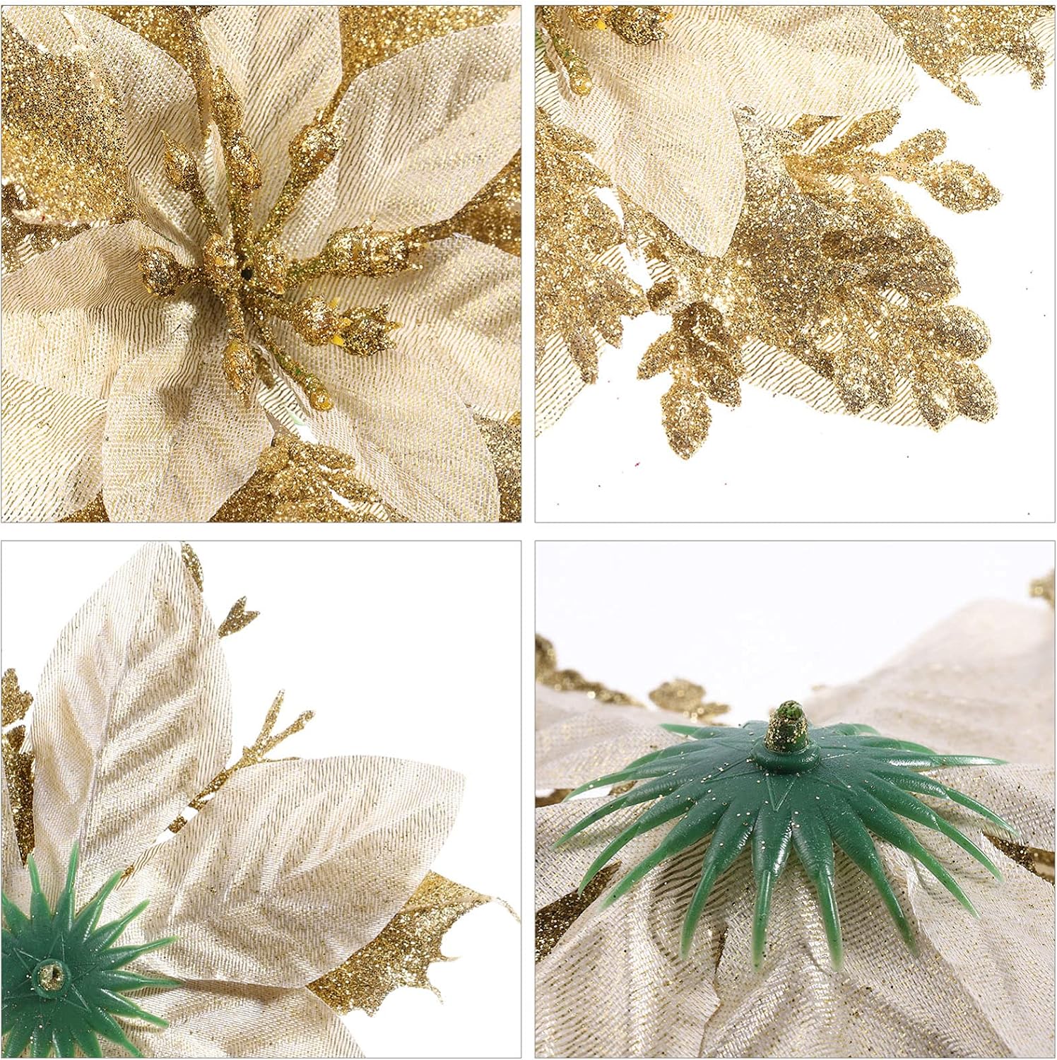 Toddmomy 12pcs Christmas Glitter Poinsettia Artificial Xmas Flowers Fake Flowers for Christmas Wreath Tree Ornaments with 12pcs Stems and Clips (Gold) - Image 4