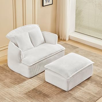 47-Inch Convertible Compressed Sofa Chair with Ottoman, Modern Corduroy Fabric Armchair for Small Spaces with Two Pillows, Living Room, Dorm, or ApartmentBeige