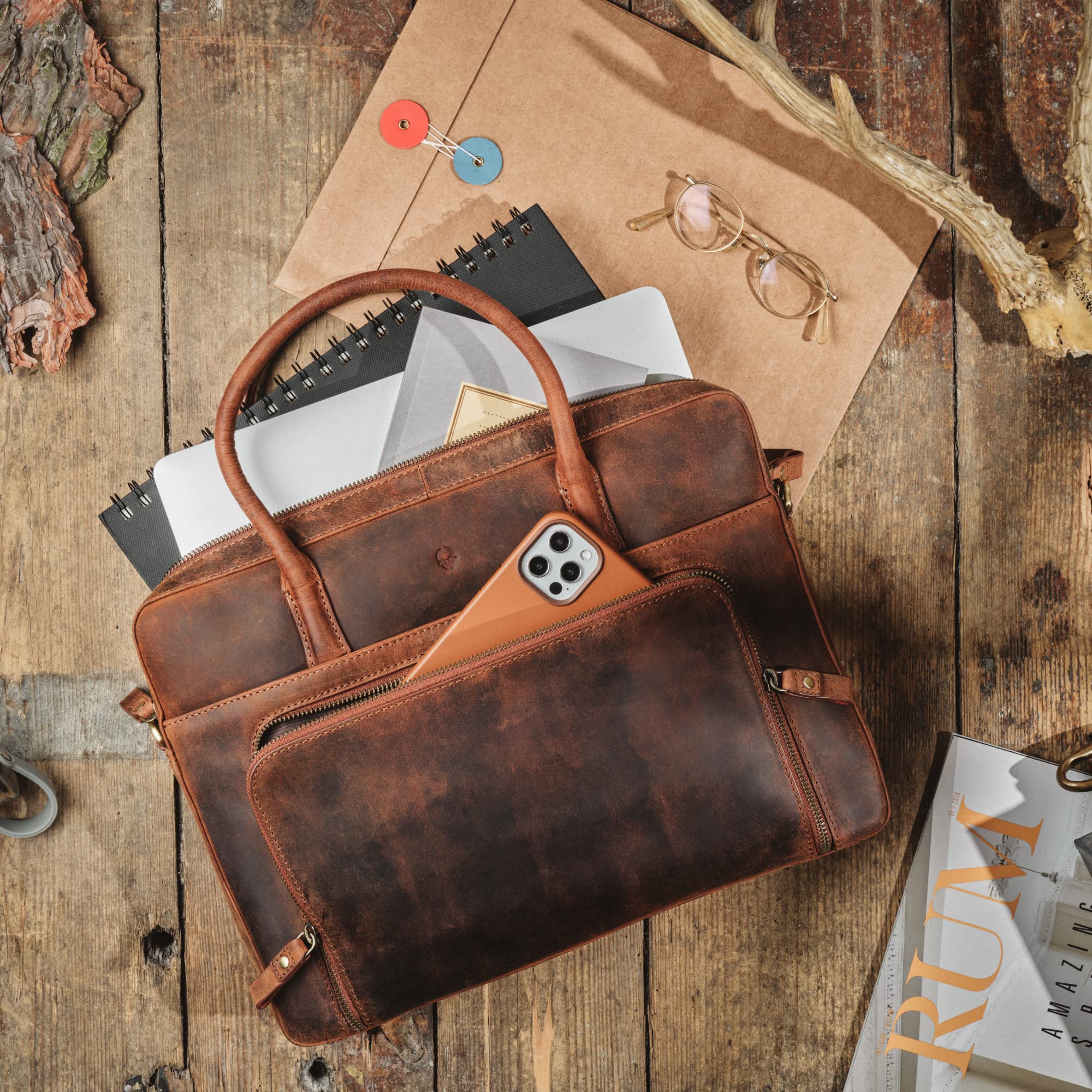 DONBOLSO Laptoptasche Nizza I Leder Umhängetasche mit Notebookfach I Aktentasche für Laptop I Schultertasche für Damen und Herren I Businesstasche I Vintage Braun