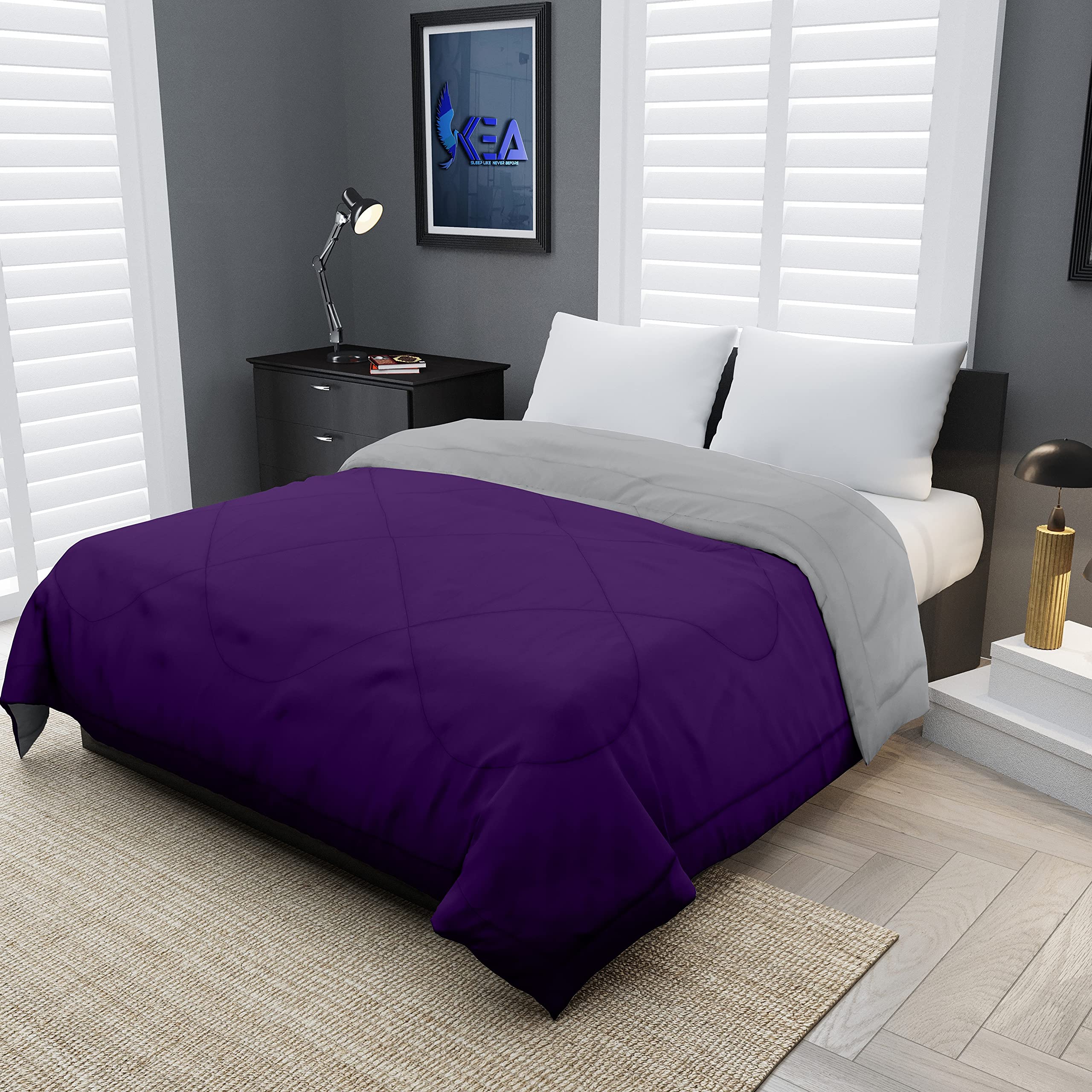KEA Microfibre Reversible Double Bed King Size Comforter/Duvet for All Weather (Purple & Grey, 250GSM)|Comforter Double