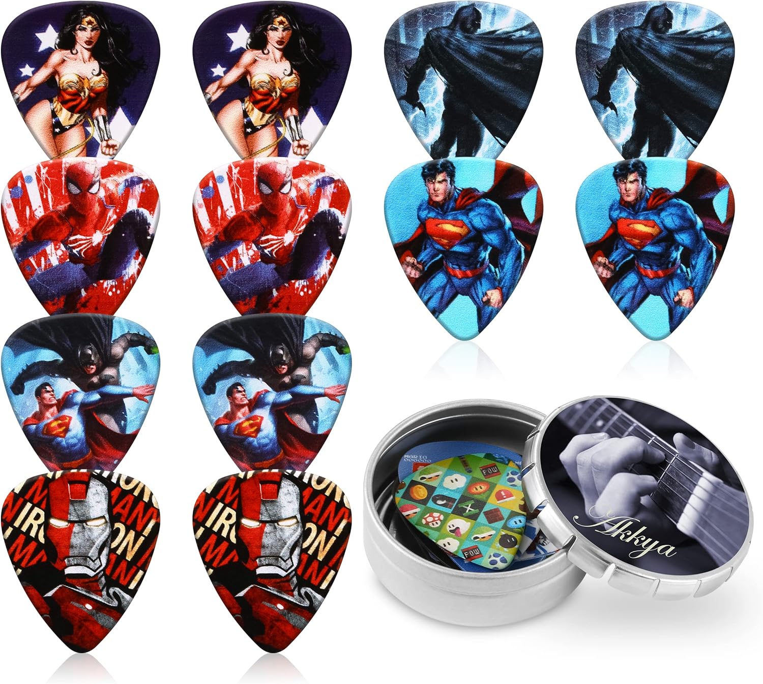Guitar Picks for Acoustic Electric Bass Medium Thick Finger Thumb Pick Cartoon Movie Cool Character Bulk Variety Pack Pics with Tin for Kids Adults Funny Unique Large Big Band Pick 12pcs GP-006 : Musical Instruments