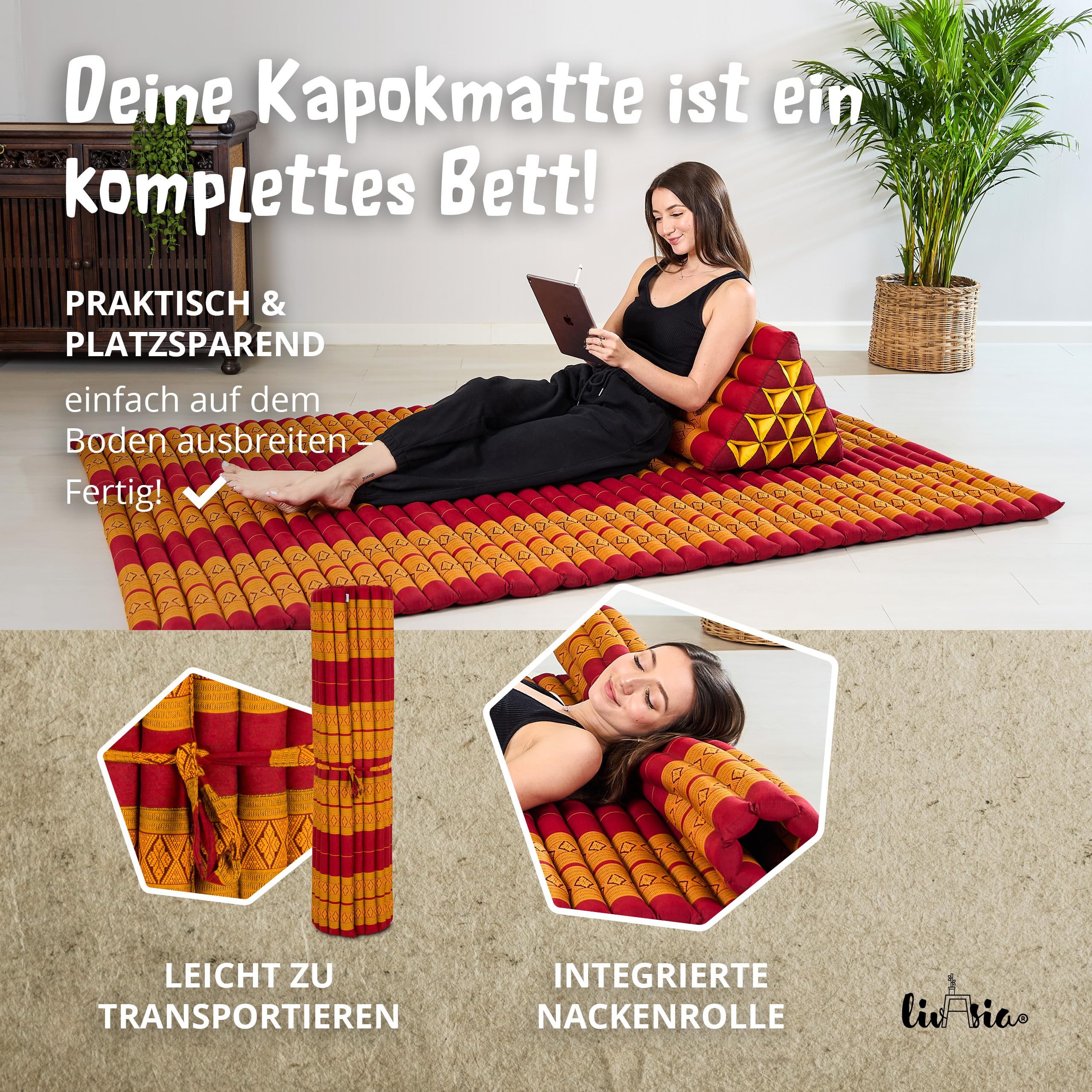 livasia Rollmatte Rollmatratze L-200x110x4,5cm, Gästebett Gästematratze 1 Person, Reisebett Kofferraum Outdoor, Thaimatte Kapok, Garten Balkon handgefertigt rubinrot