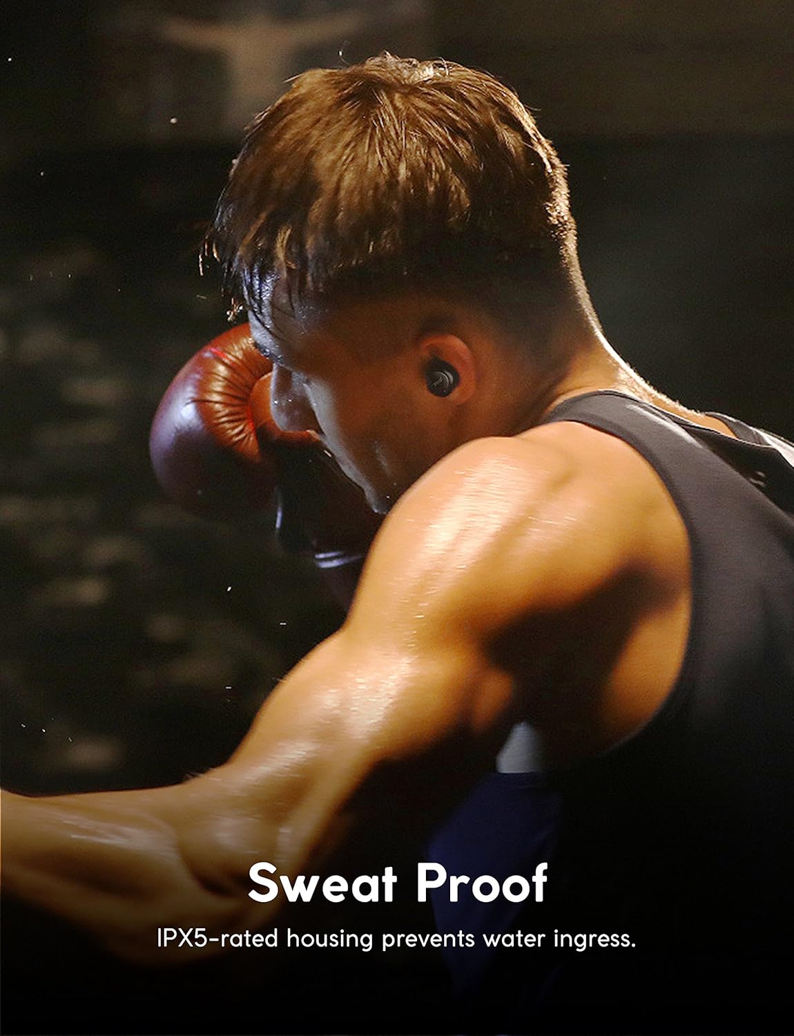 A person exercising with Zolo Liberty+ earphones, highlighting their sweatproof capability.