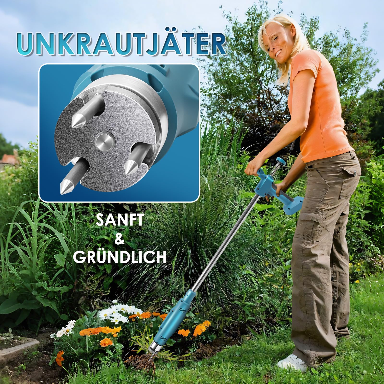 Elektrischer Unkrautstecher für Makita 18V, 100cm Unkrautstecher Löwenzahn mit 3 Stahlkrallen Auswurf-Mechanismus, Unkraut entferner Gerät mit langem Stiel für Garten und Rasen(ohne Akku)