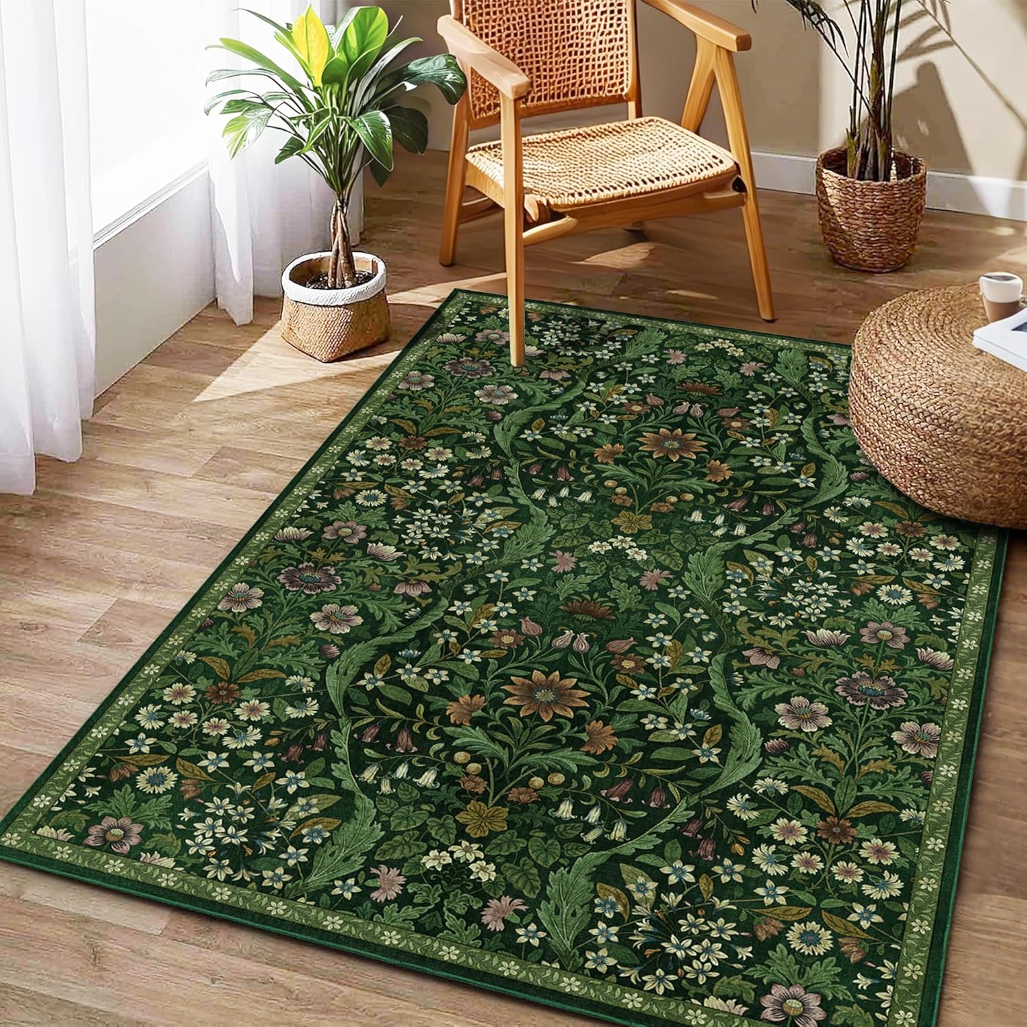 3x5 Dark Green Boho Floral Vintage Area Rug,Soft Lightweight Low Pile Non-Shedding Carpet,Machine Washable Stain Resistant & Non-Slip for Entryway,Bedroom, Kids Room,Living Room