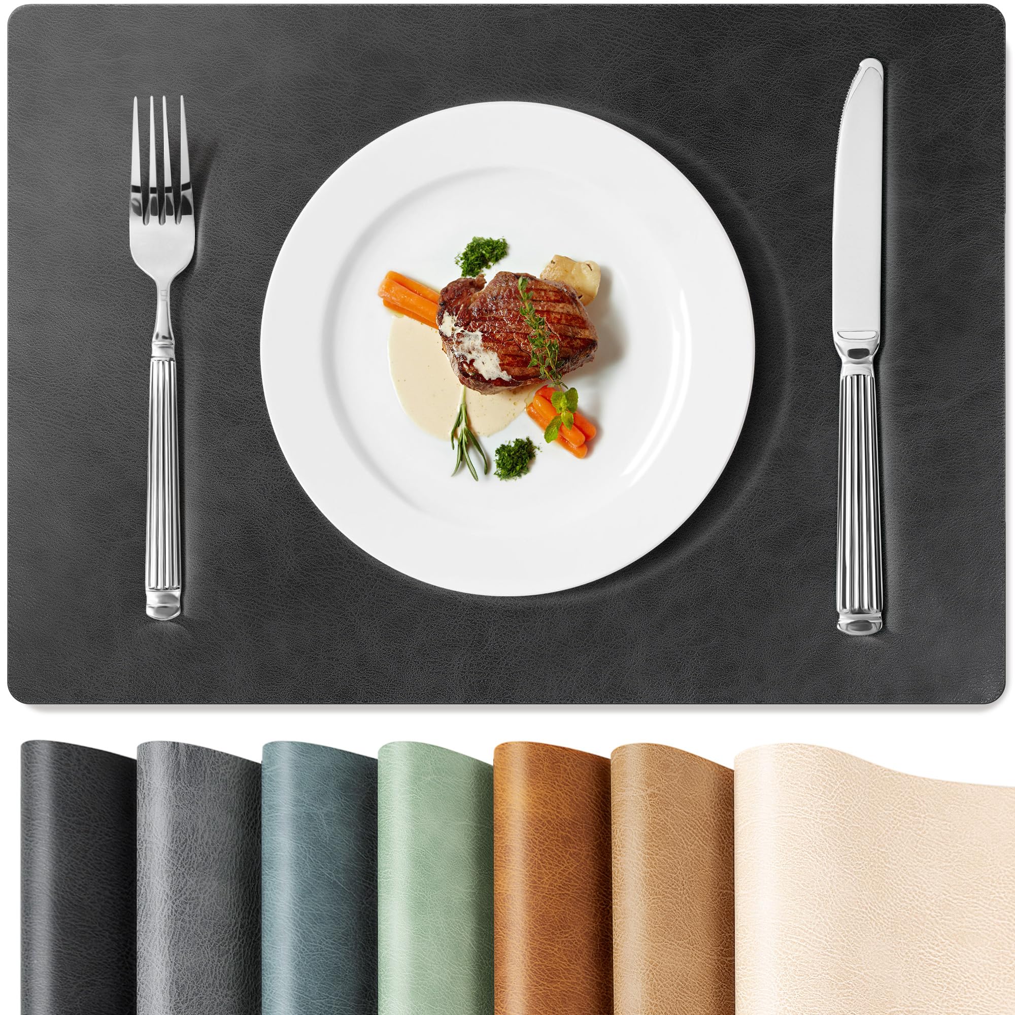Roxifina Faux Leather Placemats Set of 8 - Vinyl Placemats Wipeable Waterproof Oil-Proof PU Place Mats Heat Resistant Reversible Table Mats for Dining, Kitchen, Outdoor, 12 x 17 Inch (Washed Black)