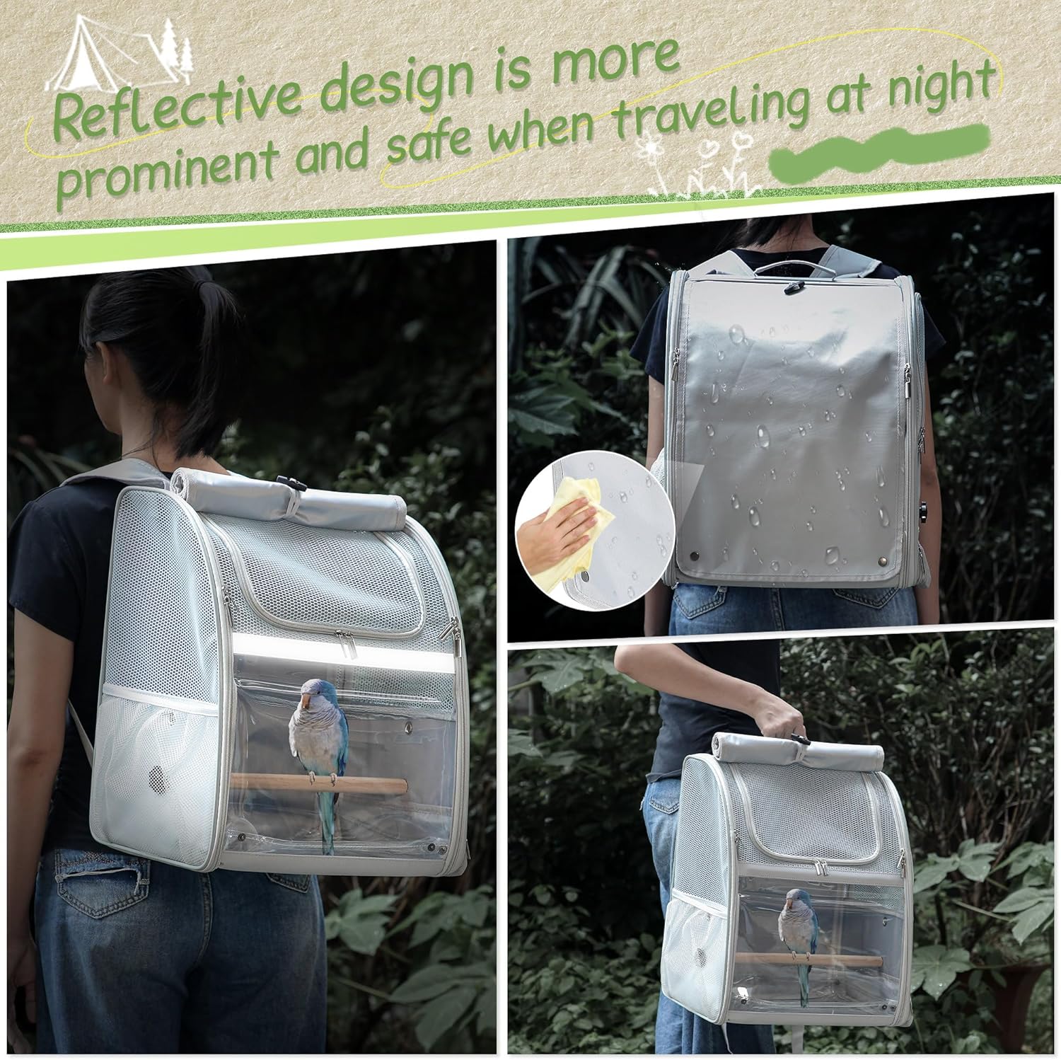 Sanmoncare Bird Carrier Backpack with 2 Adjustable Perches, Water-Repellent Parrot Travel Cage with Stainless Steel Tray, Breathable Pet Carrier for Cockatiels, Conures and Vet Visits