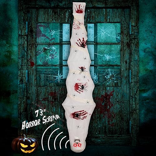 Miniatura 1 de jollylife Decoraciones de cadáver de capullo de Halloween para exteriores grito de terror con ojos LED iluminados, accesorios de casa embrujada,