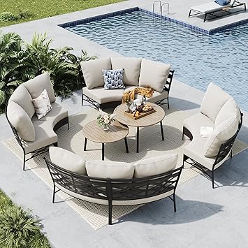 MFSTUDIO Patio Furniture Set, 8 Seats Half-Moon Curved Outdoor Sectional Sofa Conversation Set, Woven Rattan Patio Couch with 2 Wood-Like Round Coffee Table