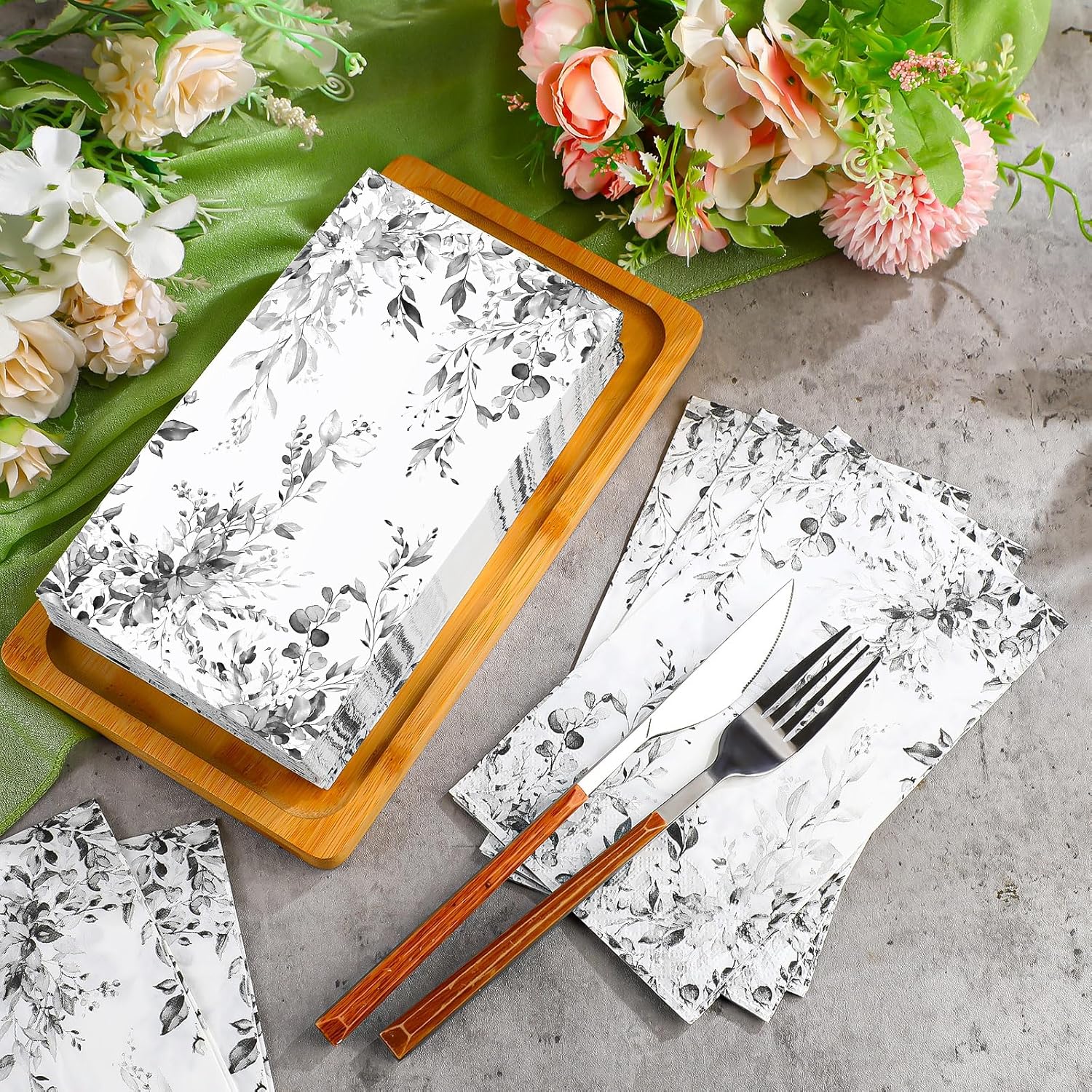 Seajan 200 Pcs Paper Guest Napkins Disposable Hand Towels for Bathroom Paper Disposable Guest Towels Napkins for Spring and Summer Wedding Bathroom Birthday Dinner Party(Gray Eucalyptus)