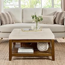 Upholstered Coffee Table Tufted Linen Large Square Ottoman with Beech Wood