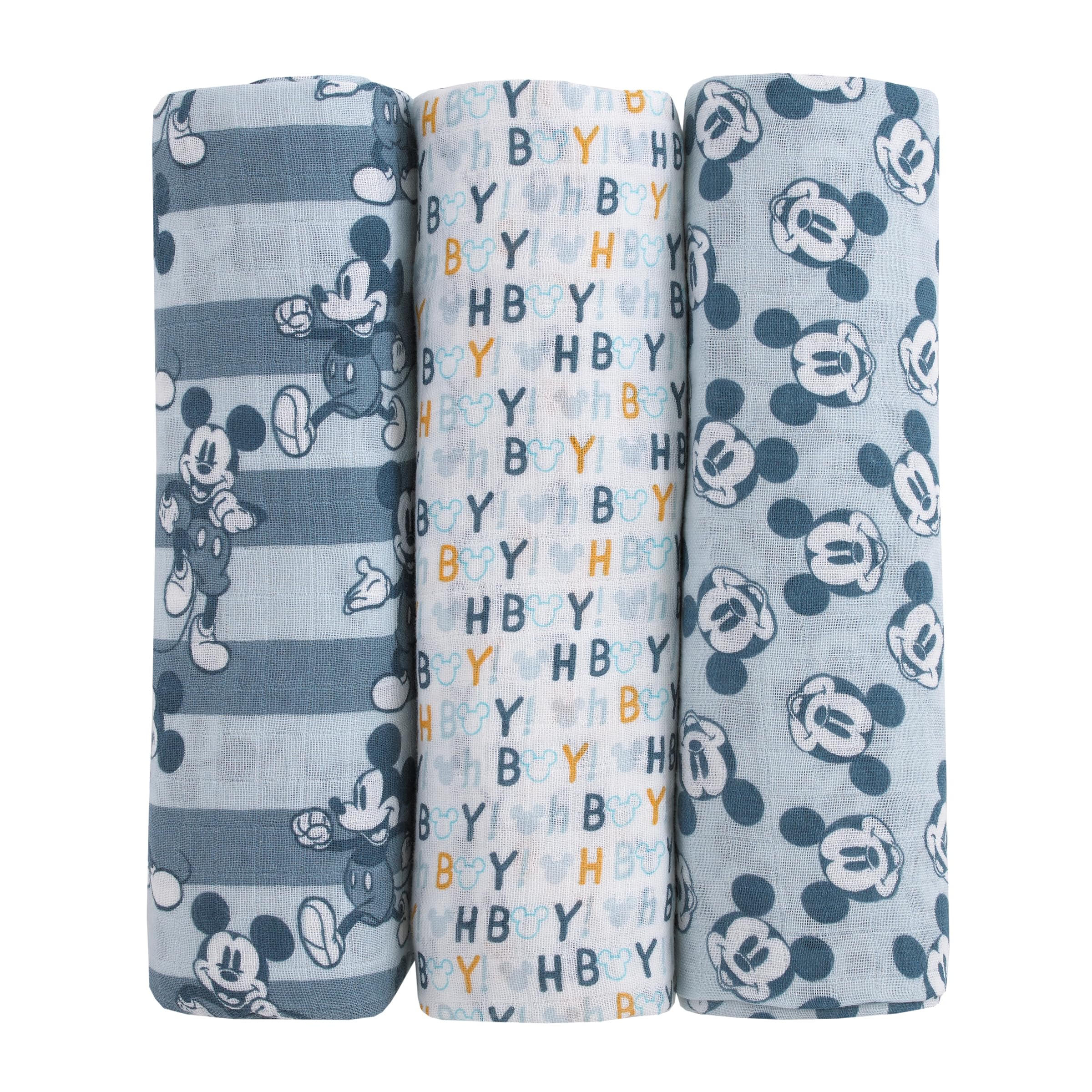 NoJo Disney Mickey Mouse Gray, Charcoal, and White 3 Piece Muslin Swaddle Baby Blanket Set-image-1