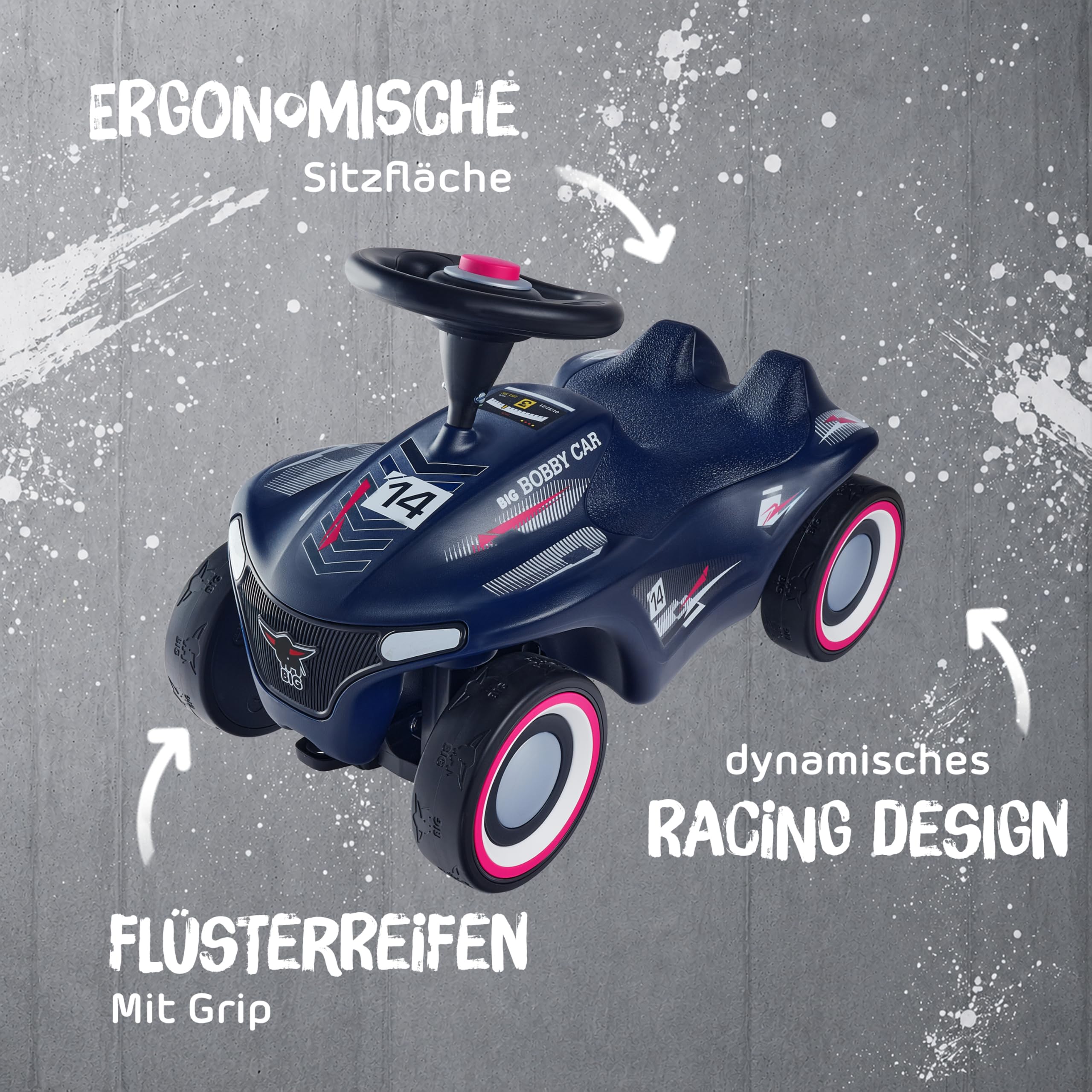 Big Bobby Car Neo RS niebieski – samochód wyścigowy, pojazd dla dzieci z szeptanymi oponami dla cichych odgłosów jazdy i dobrej przyczepności, ergonomiczne siedzisko z wgłębieniem na kolana, mały
