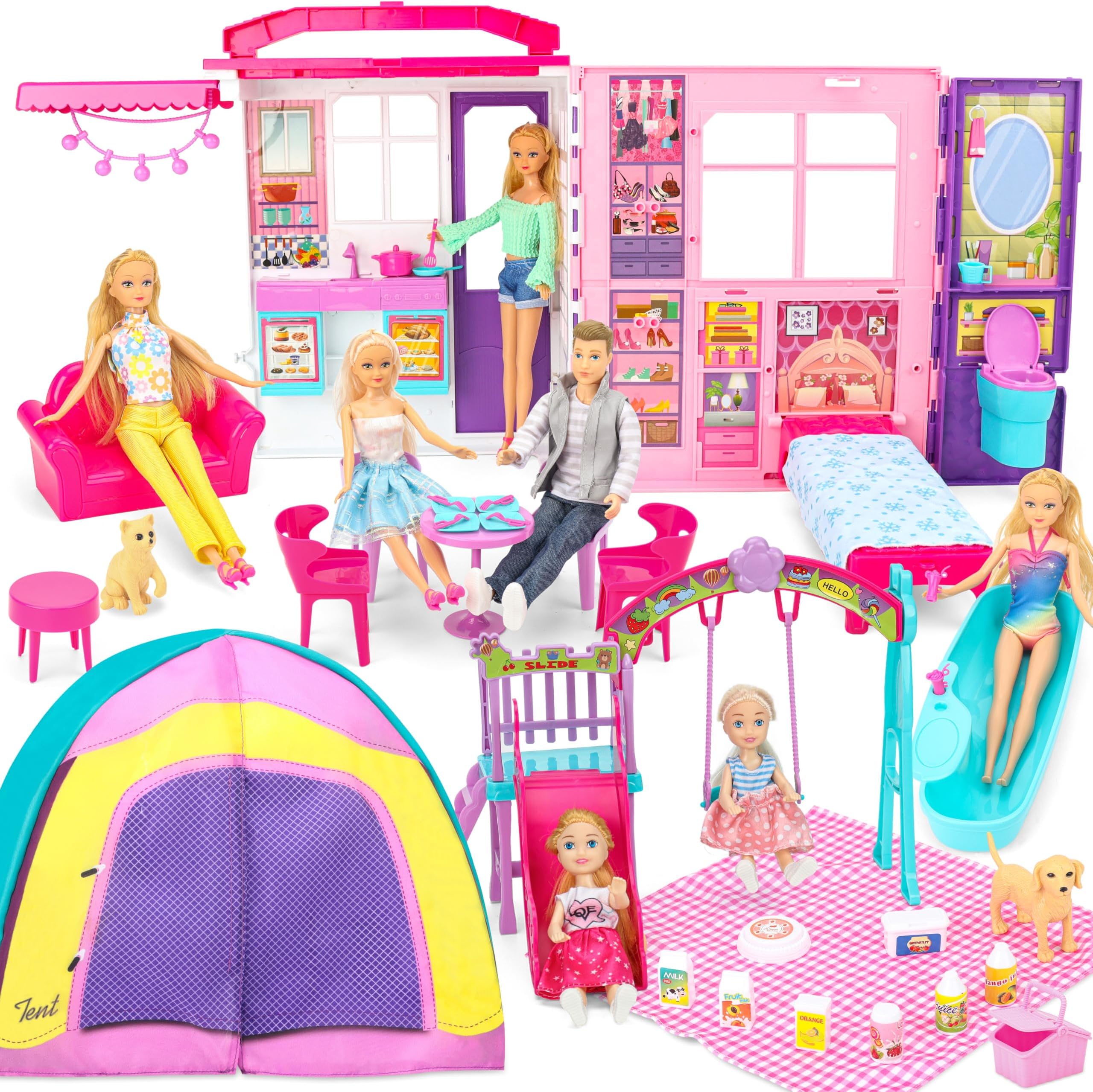 Doll House Portable & Foldable Dollhouse w/ 60+ Pcs & 2 Dolls, Play House Toy with Bedroom Kitchen Furniture Camping Playset, Playhouse Birthday Gift for Girl Kid Toddler