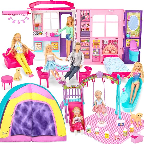 Style Shine Doll House Portable & Foldable Dollhouse w/ 60+ Pcs & 2 Dolls, Play House Toy with Bedroom Kitchen Furniture